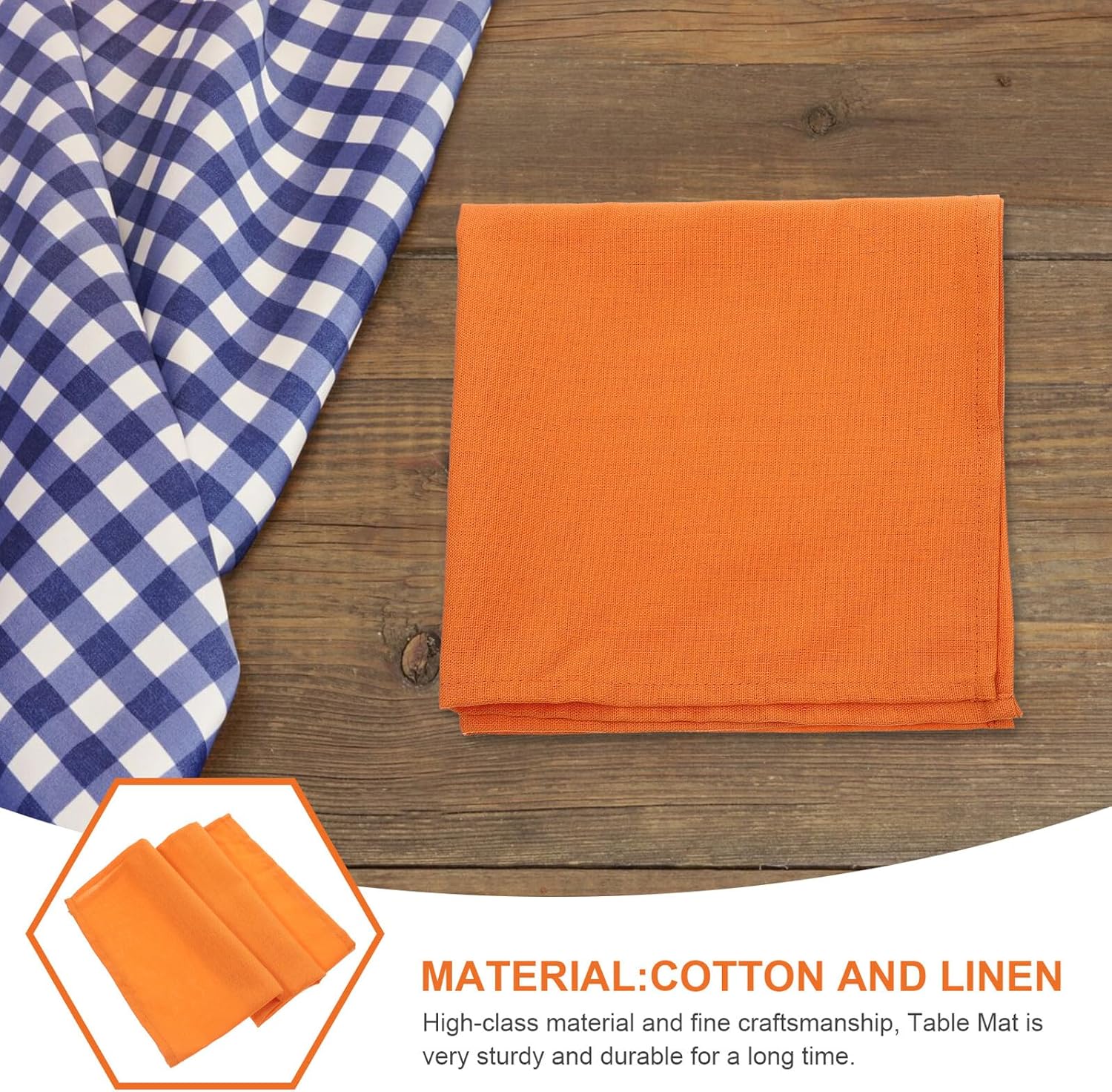 Insulated Table Mat and Dining Napkin Set, 2pcs Orange Cotton-Linen Blend, Wear-Resistant Decorative Placemat for Kitchen and Restaurant Use