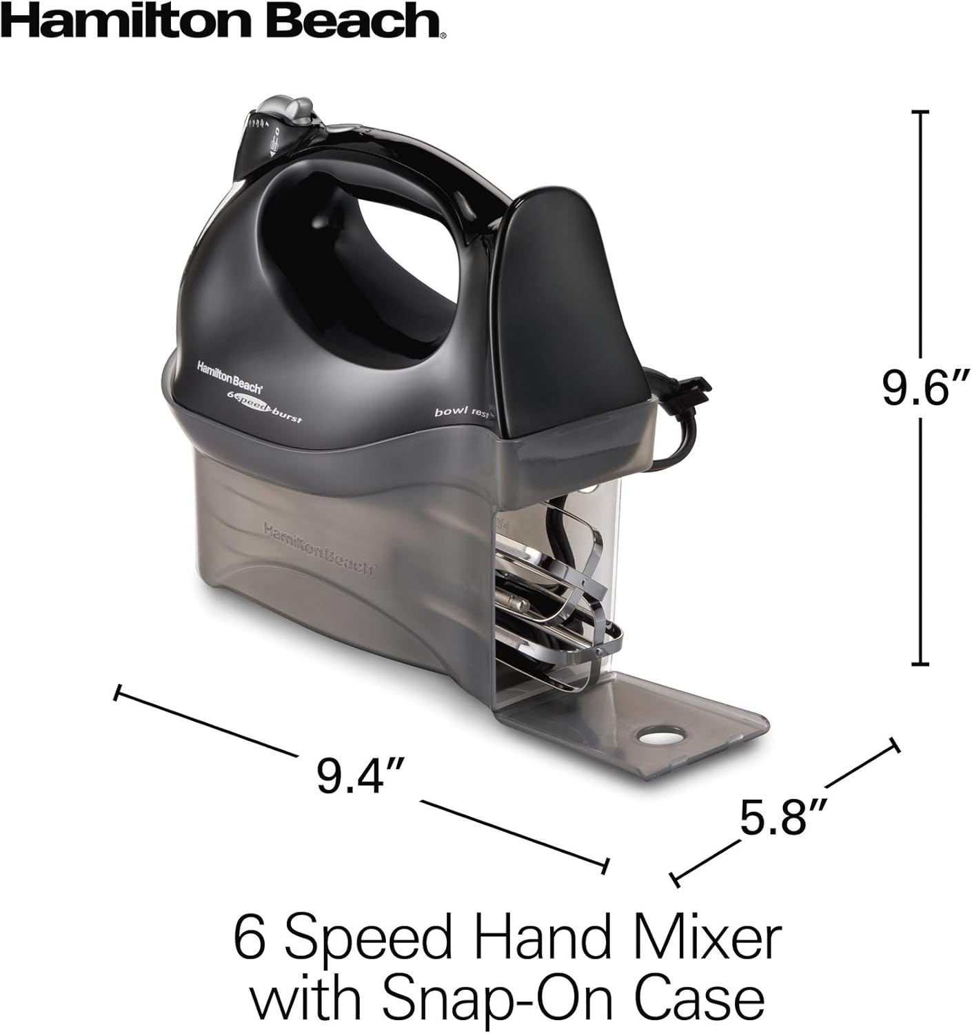 Hamilton Beach Power Deluxe 6-Speed Electric Hand Mixer with Snap-On Storage Case, QuickBurst, Beaters, Whisk, Powerful 250 Watt Motor, Bowl Rest, Black (62692)