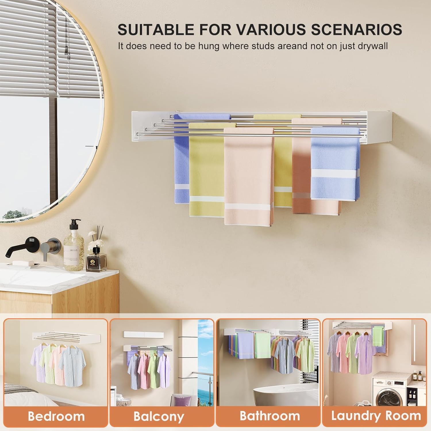 Wall Mounted Drying Rack 31.5 Inch, Laundry Clothes Drying Rack Foldable , Space Saving Collapsible Drying Rack Clothing Wall Mount with Wall Template, 5 Stainless Steel Rods, 60 lb Capacity (White)