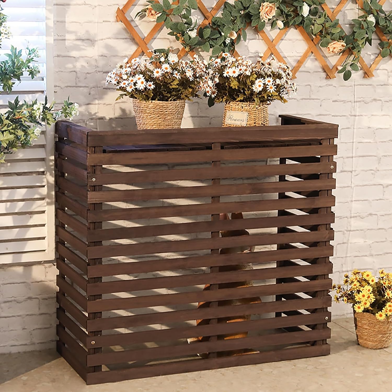 Cover for Outdoor Ac Screen for Outside Unit,Fencing to Hide Air Conditioner,Grid Wooden Air Conditioner Outer Rackfor Outside Unit Brown Plant Stand Anti-Corrosion Privacy