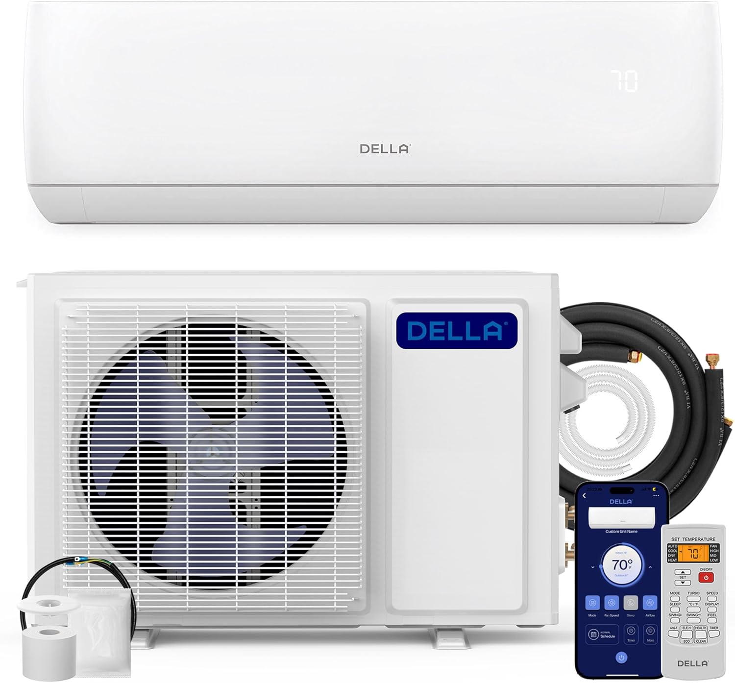 DELLA Motto Series Mini Split AC, 208-230V 17.5 SEER2 Cools Up to 550 Sq.Ft,12000 BTU Works with Alexa and Wifi, Air Conditioner & Heater with 1 Ton Pre-Charged Heat Pump