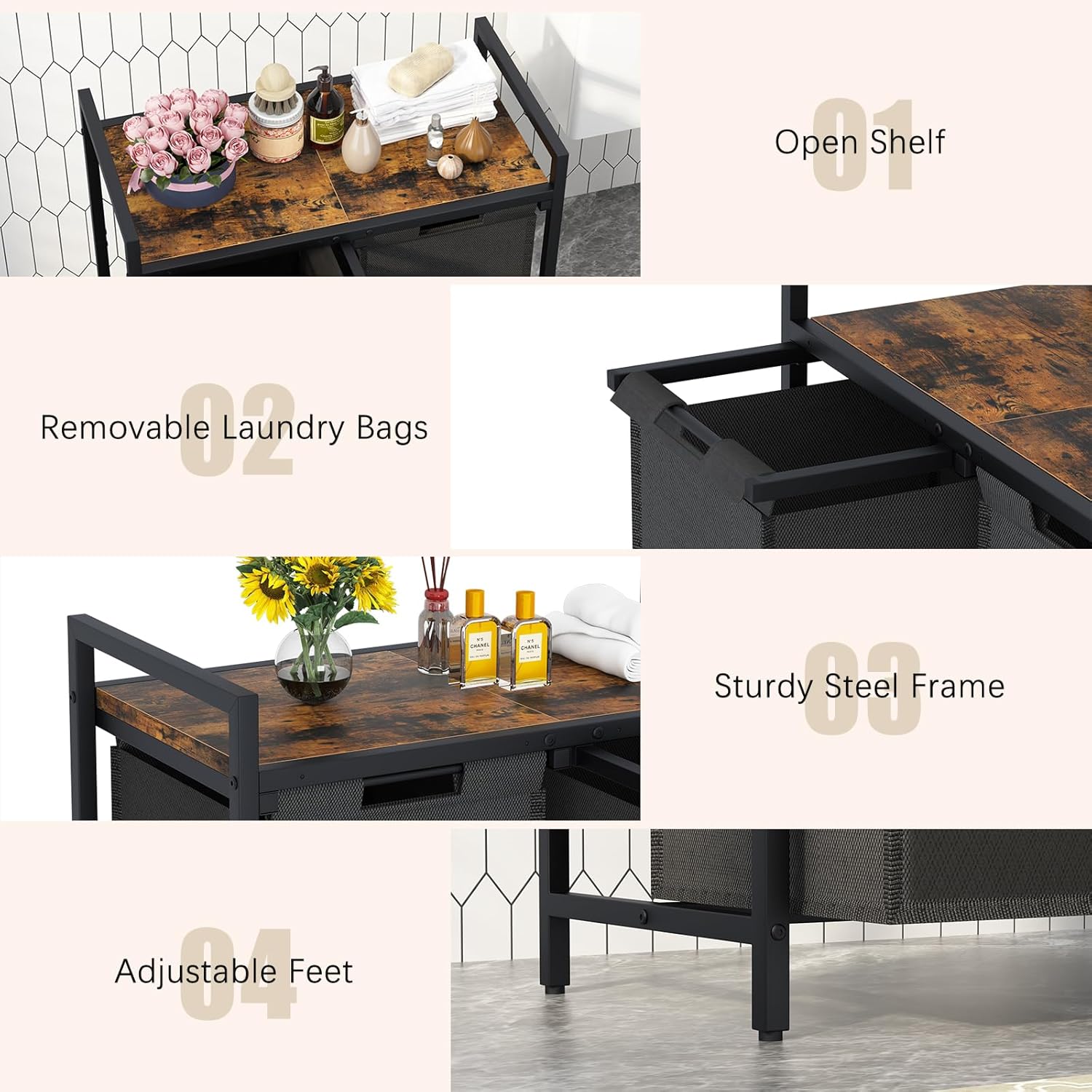 Laundry Hamper, double Laundry Basket, Laundry Sorter with Top Shelf & 2 Removable Washable Bags & Side Pockets for Laundry Room organization, Bathroom and Dorm, Rustic Brown and Black