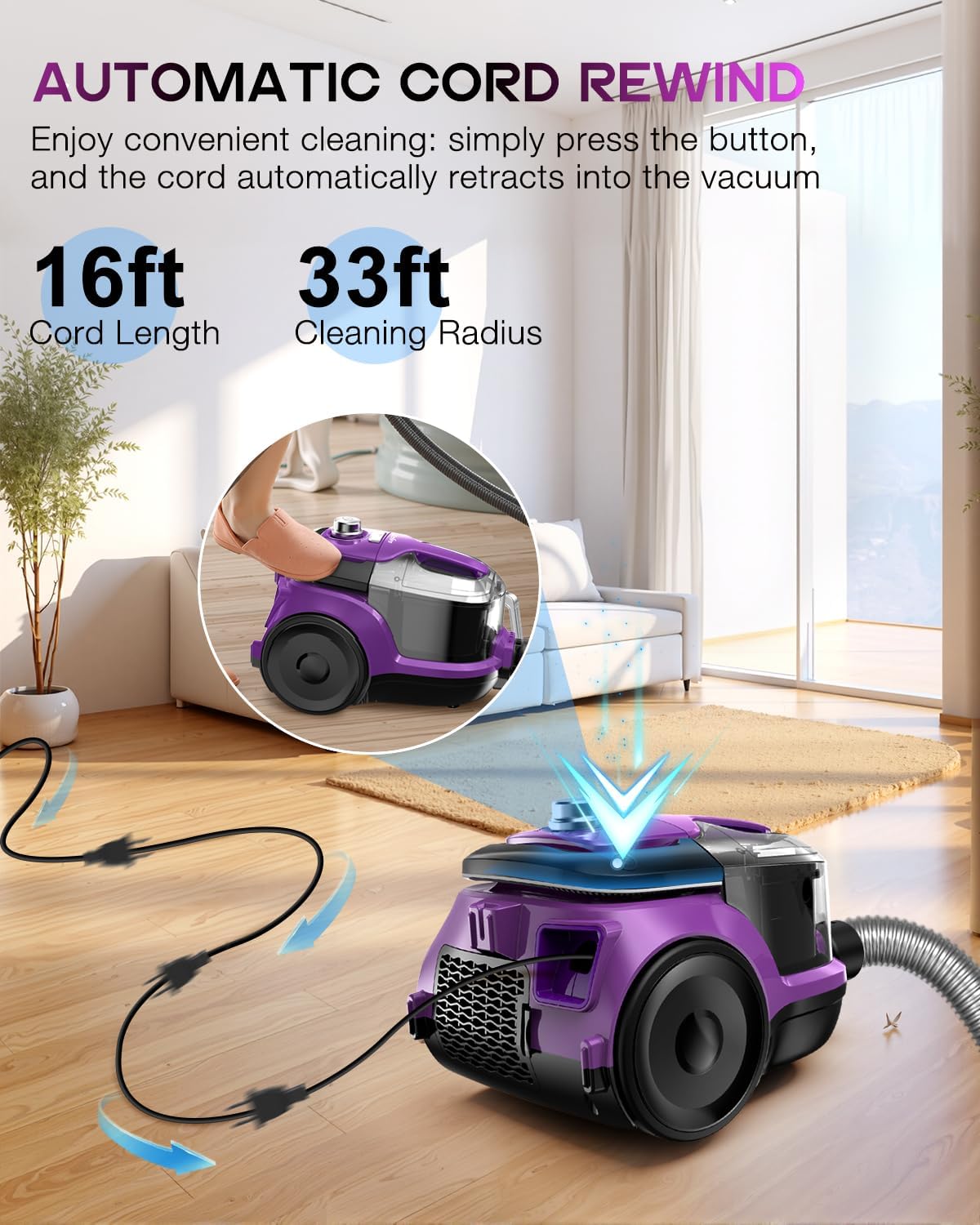 Zefiro Canister Vacuum Cleaner, Bagless Canister Vacuum for Home, Powerful Suction, Auto Cord Rewind, HEPA Filter, Corded Vacuum for Hard Floors, Carpet, Apartment/Rental Friendly(Purple&Black)