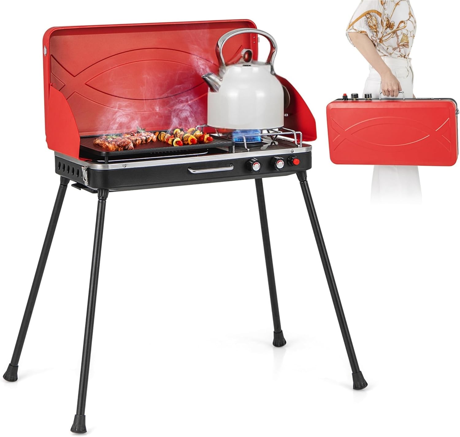 2-Burner Propane Camping Stove, Portable Camp Grill w/Roast Grill, 3-Sided Wind Screen, Removable Leg, Dual Control Knobs, Outdoor Stove for BBQ Picnic, 20000 BTU (Red)