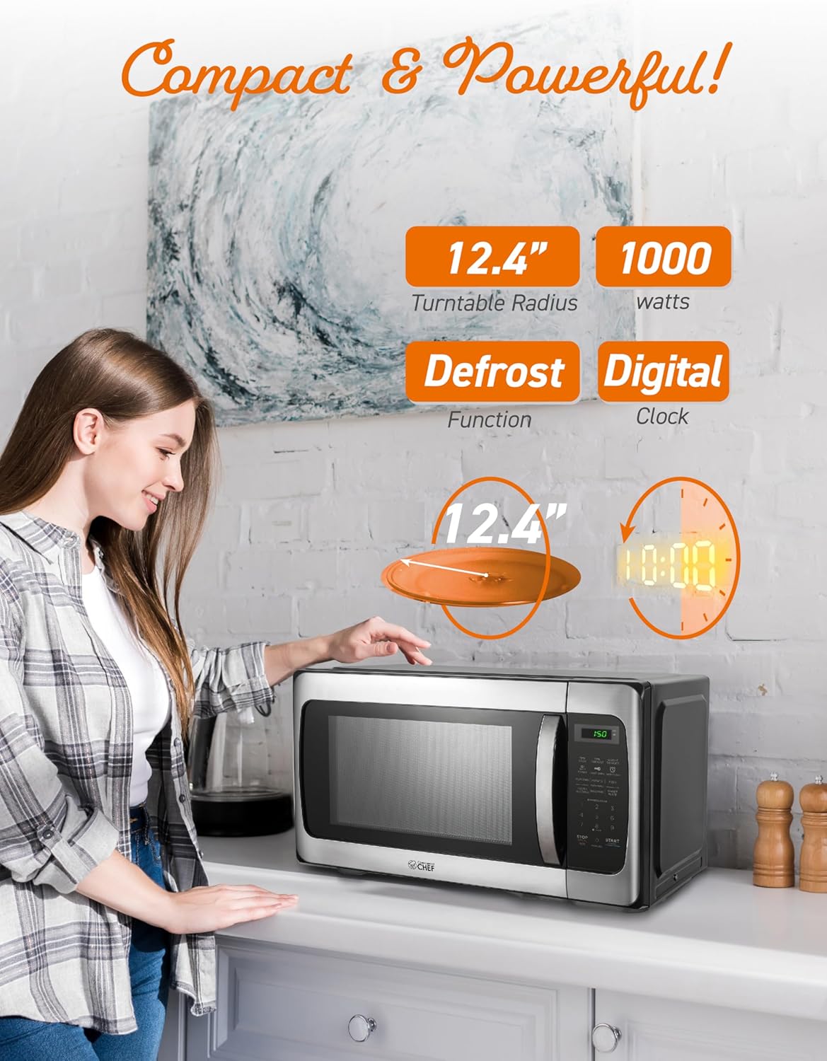 COMMERCIAL CHEF 1.1 Cu Ft Microwave with 10 Power Levels, Microwave 1000W with Push Button Door Lock, Countertop Microwave with Microwave Turntable and Digital Controls, Stainless Steel