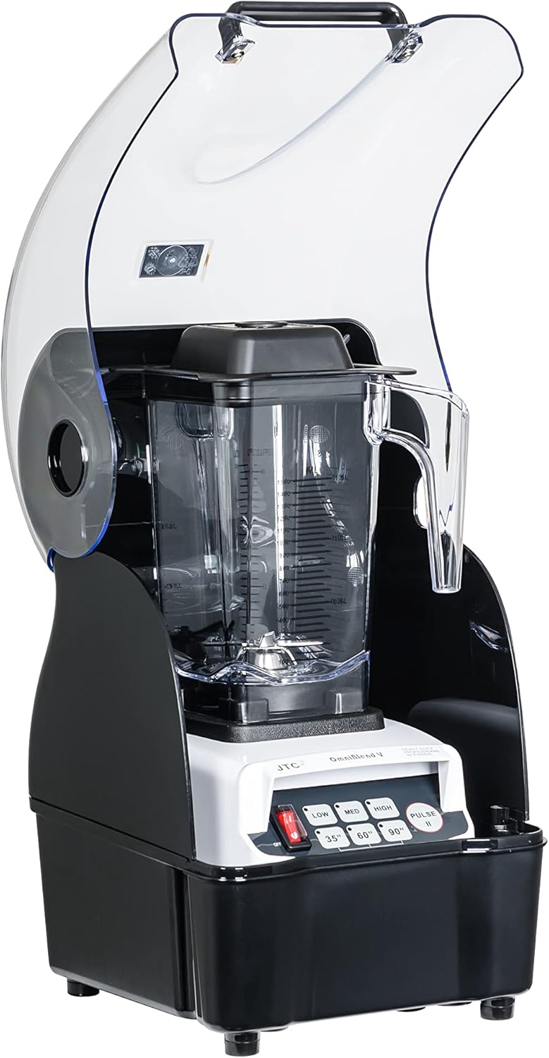 OmniBlend Omni-Q Commercial Blender with Full Sound Enclosure Shield, Quiet Heavy Duty 3-Speed, Self-Cleaning, Includes Multifunctional 2-in-1 Wet Dry Blades, 1.5 Liter Jar (White)