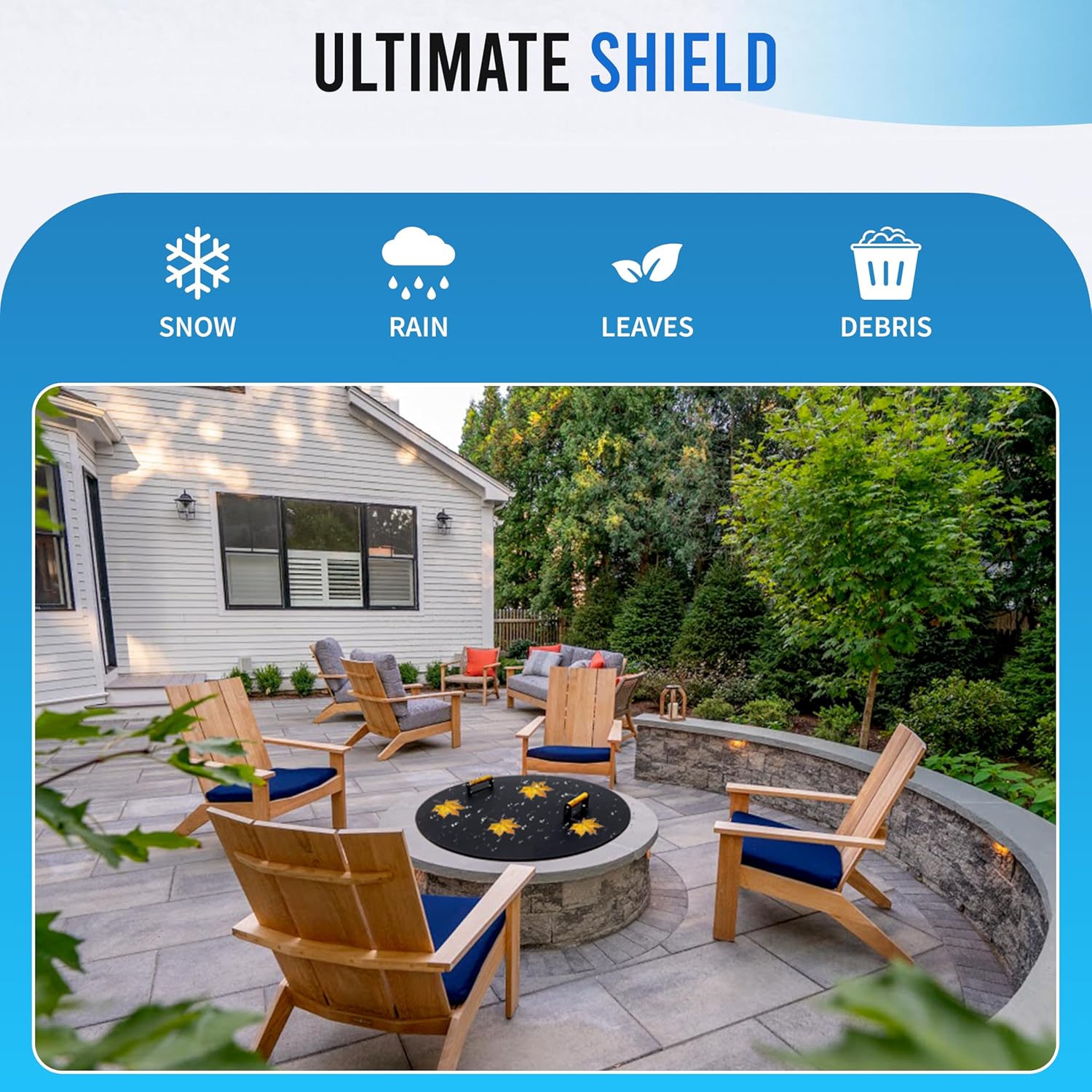 34-Inch Round Fire Pit Lid – Metal Cover with Wooden Handles, Weather-Resistant Snuffer for Bonfire & Propane Fire Pits, Doubles as Outdoor Table