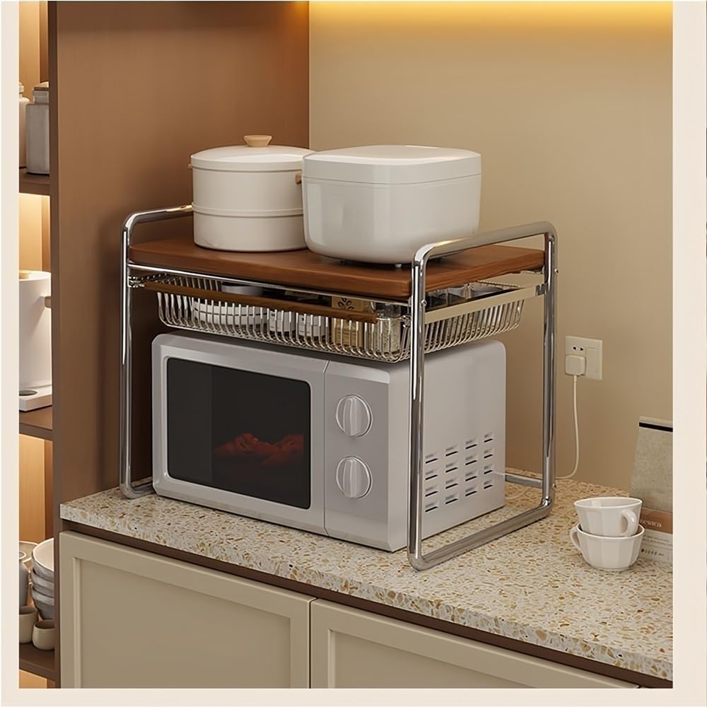 Wood Microwave Oven Rack, Metal Over The Microwaves Shelf with Storage, Kitchen Storages Shelves for Home, Office(18.89in)