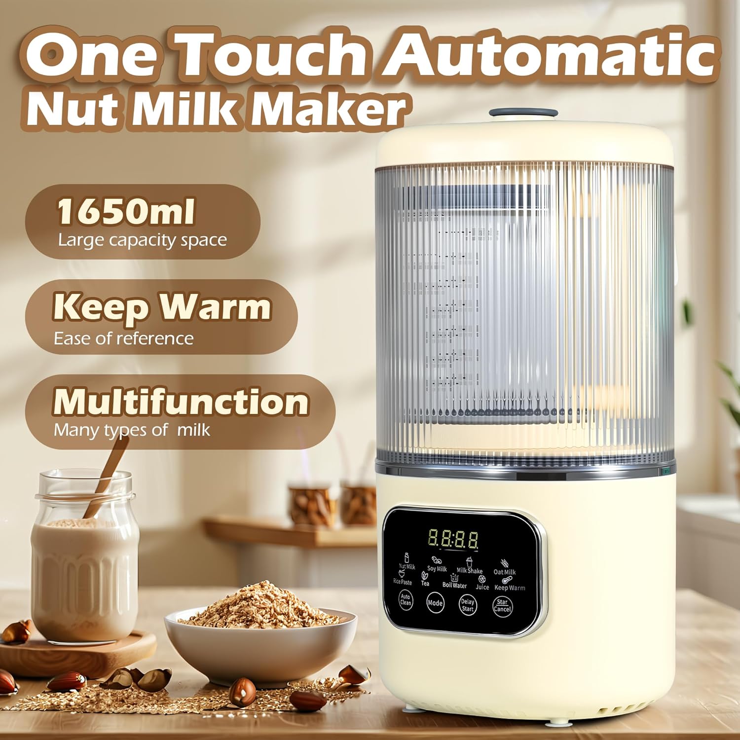 55oz Almond Milk Maker, Oat Soy Milk Maker Machine, Automatic Countertop Blender, Keep Warm, Delay Start, Nut Milk and Rice Paste Making, Automatic Cleaning