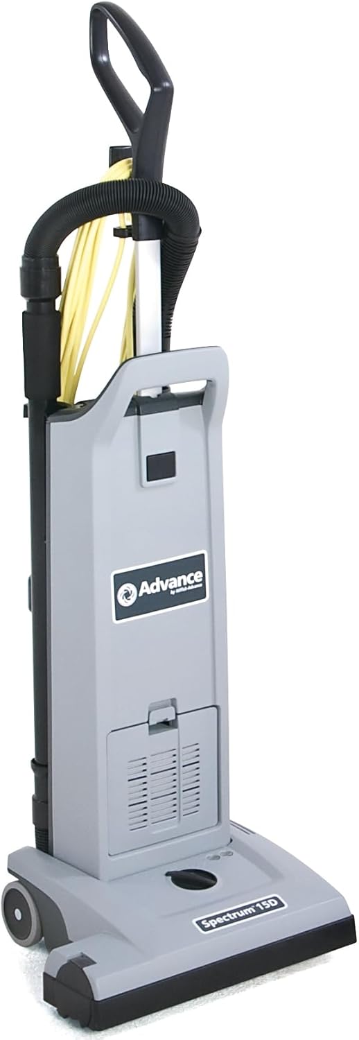 Generic Nilfisk Advance Spectrum 15D Dual-Motor Upright Vacuum; 15 inch (38 cm) Cleaning Path; 4:1 Hose and Wand; Onboard Crevice; Upholstery Tools; Extra Bag; 1350W; Certified H.E.P.A. Filter, Metal