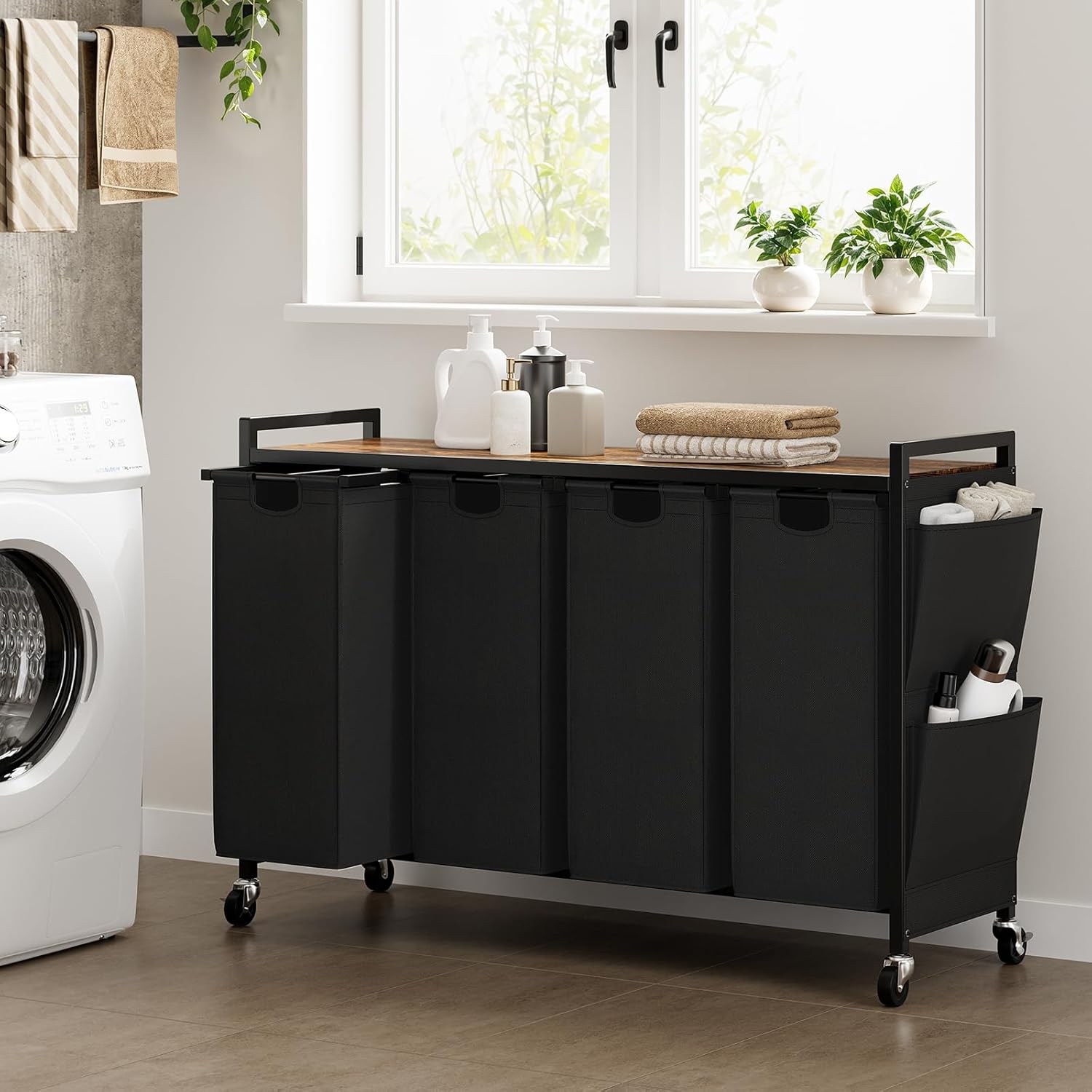 WOWLIVE 4-Compartment Laundry Hamper with Lid,Rolling Laundry Basket Organizer with Wheels, Iron-Made Laundry Sorter with Top Shelf and 4 Removable Bags,Large Clothes Storage for Room,Black