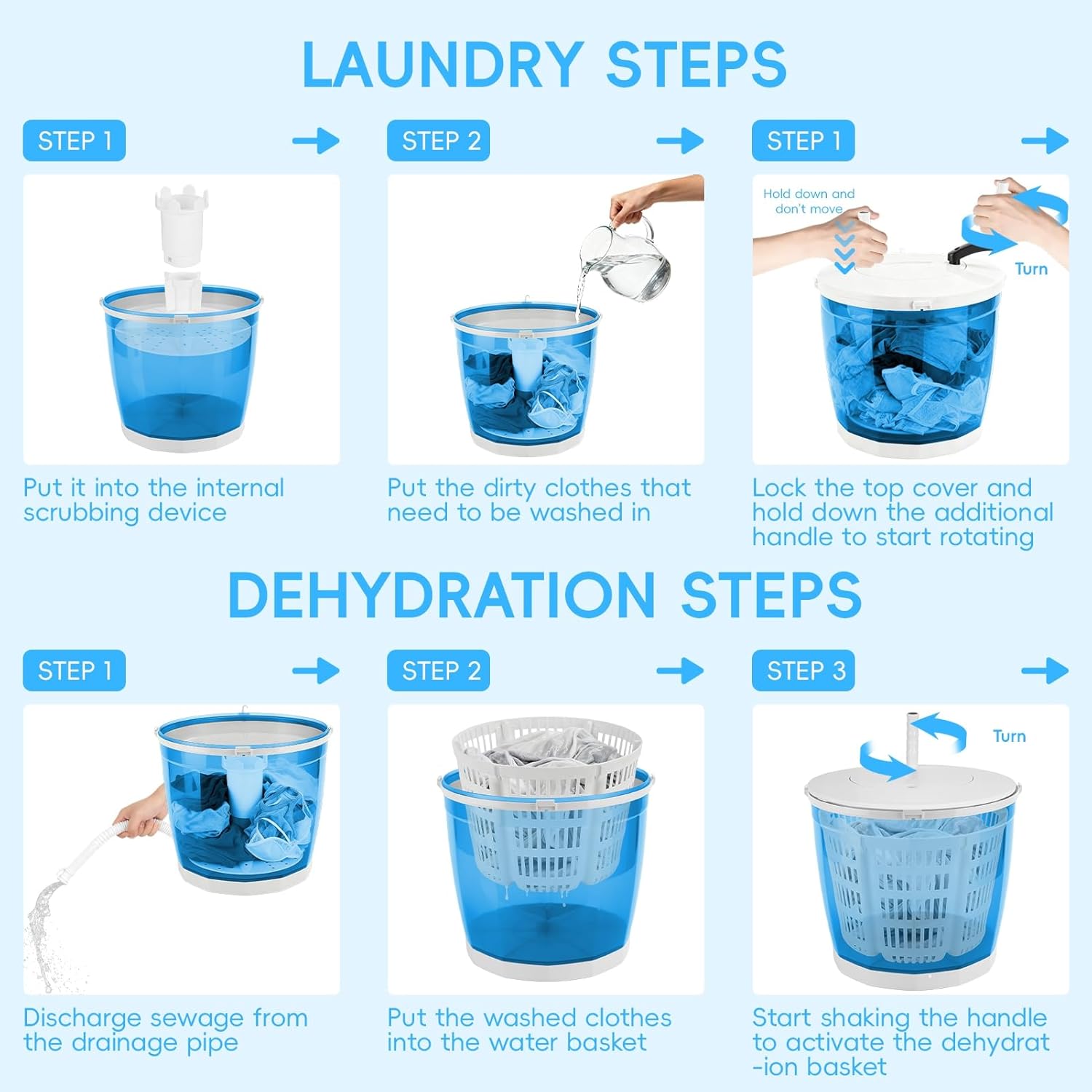 2 In1 Manual Clothes Washer, Portable Hand Crank Washing Machine Mini Dryer Spinner Labor Compact Laundry Machine for Camping, Dorm, Travel, No Electricity Needed, Suction Cup Base, 2kg Capacity Sky