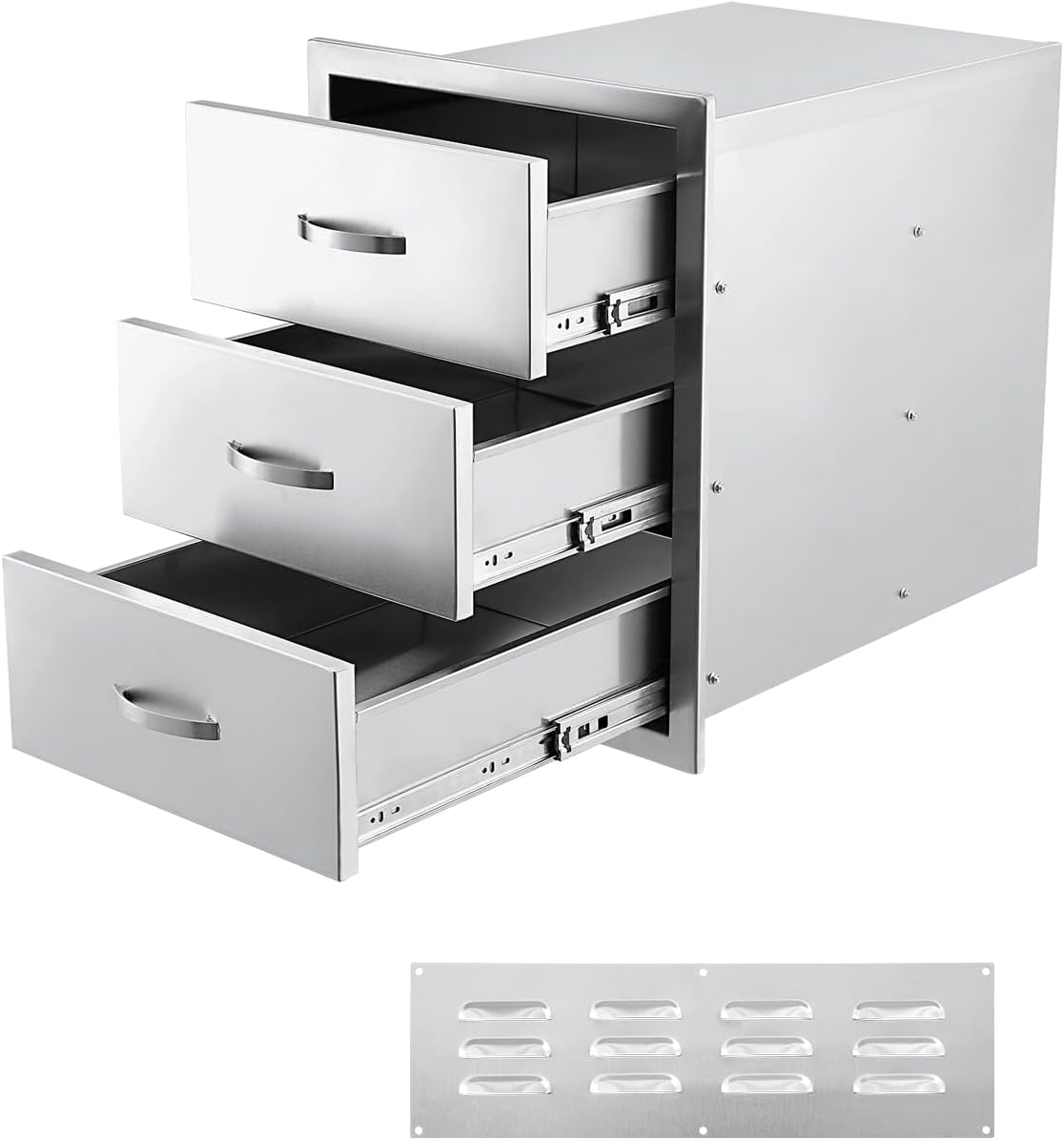 15.7W x 17.7D x 21.6H Inch Outdoor Kitchen Drawers Stainless Steel, Flush Mount Triple Drawers with Stainless Steel Handle, Venting Panel Weatherproof for Kitchen Island Patio, Grill Station