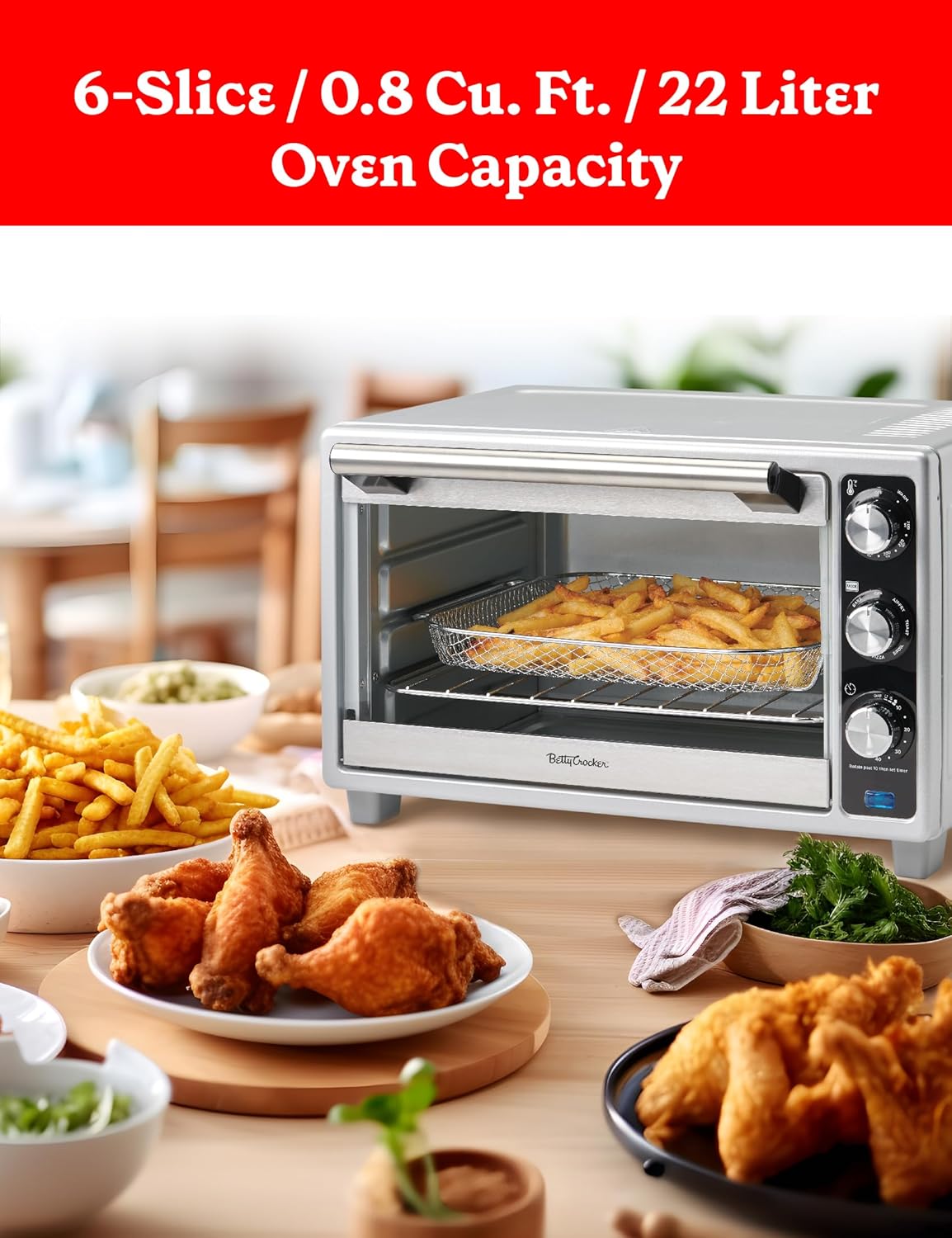 Betty Crocker Air Fryer Convection Toaster Oven, Multifunction 6-Slice Toaster and Air Fryer Oven, 0.8 Cu. Ft. 6 Slice Capacity AirFryer Toaster Oven Combo, 7 Function Convection Oven,Silver