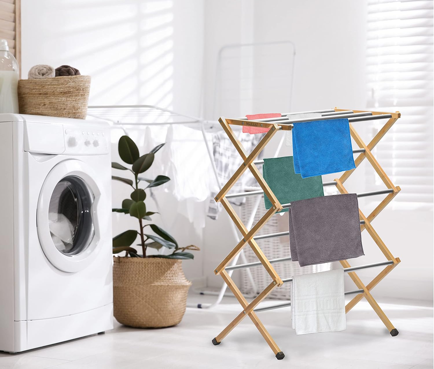 Morvat Premium Bamboo Wooden Folding Clothes Drying Rack with Metal Poles, Fully Assembled, Anti-Slip Grips, Adjustable Height, 11 Poles with 23FT of Drying Space for Laundry, Collapsible