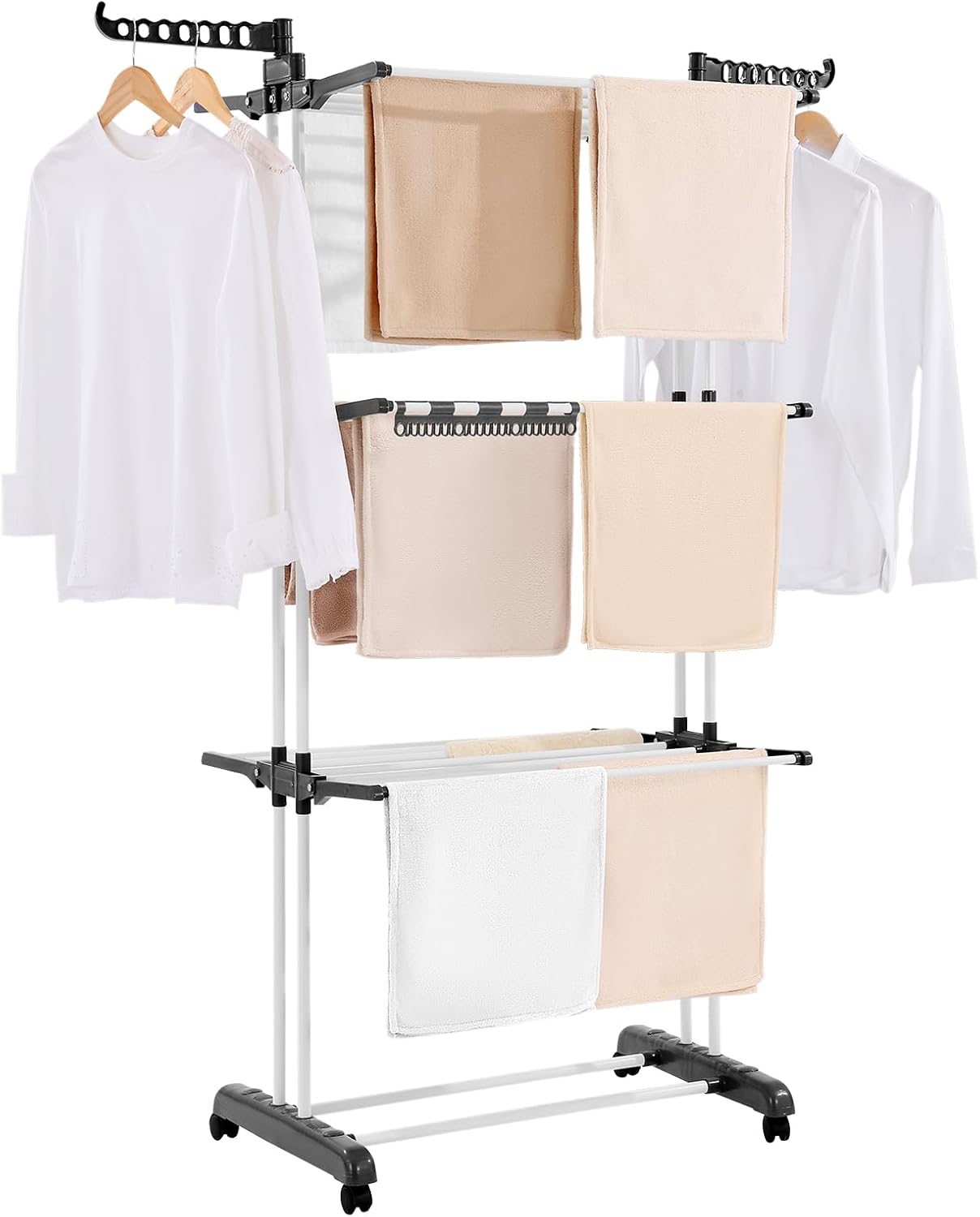 VEVOR Clothes Drying Rack, 4-Tier Foldable Laundry Dryer Rack, Metal Drying Racks with 24 Drying Rods, Free-Standing and Portable Hanger with 4 Castors and Two Side Wings for Outdoor & Indoor Use