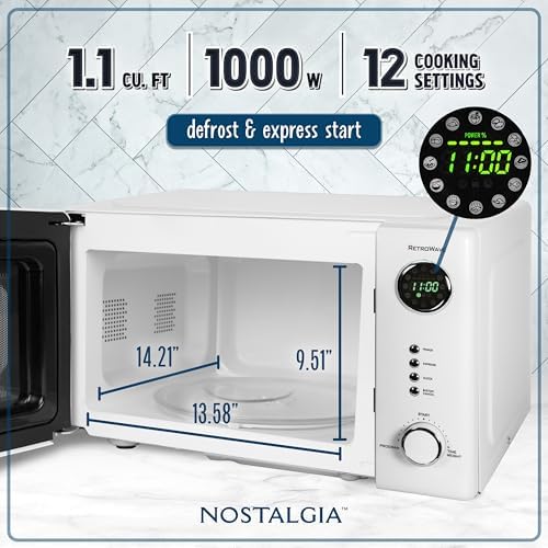 Nostalgia Retro Countertop Microwave Oven - 1.1 Cu Ft & 1000 Watt Power- Easy to Clean with Removable Glass Turntable - Child Safety Lock - 12 Programs - Digital Clock - White