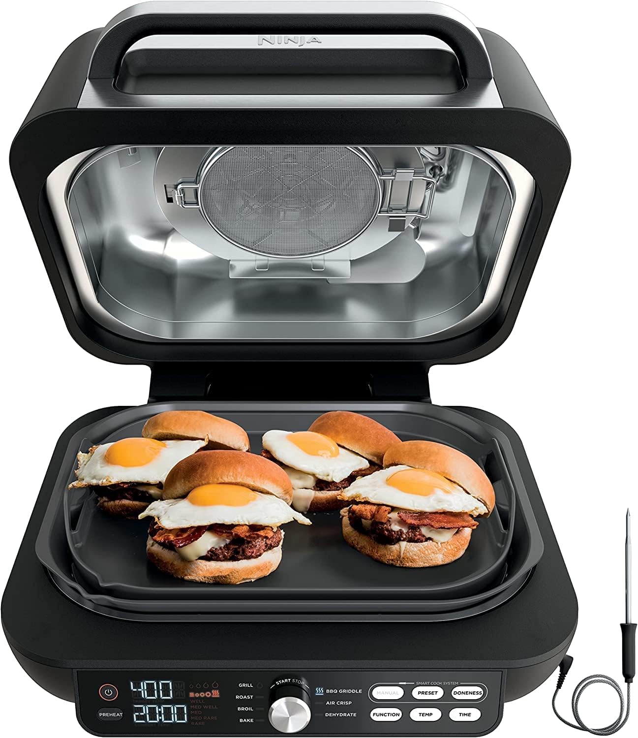 Ninja IG651 QCP Foodi Smart XL Pro 7-in-1 Indoor Grill/Griddle Combo, use Opened or Closed, with Griddle, Air Fry Smart Thermometer (silver/black) (Renewed)