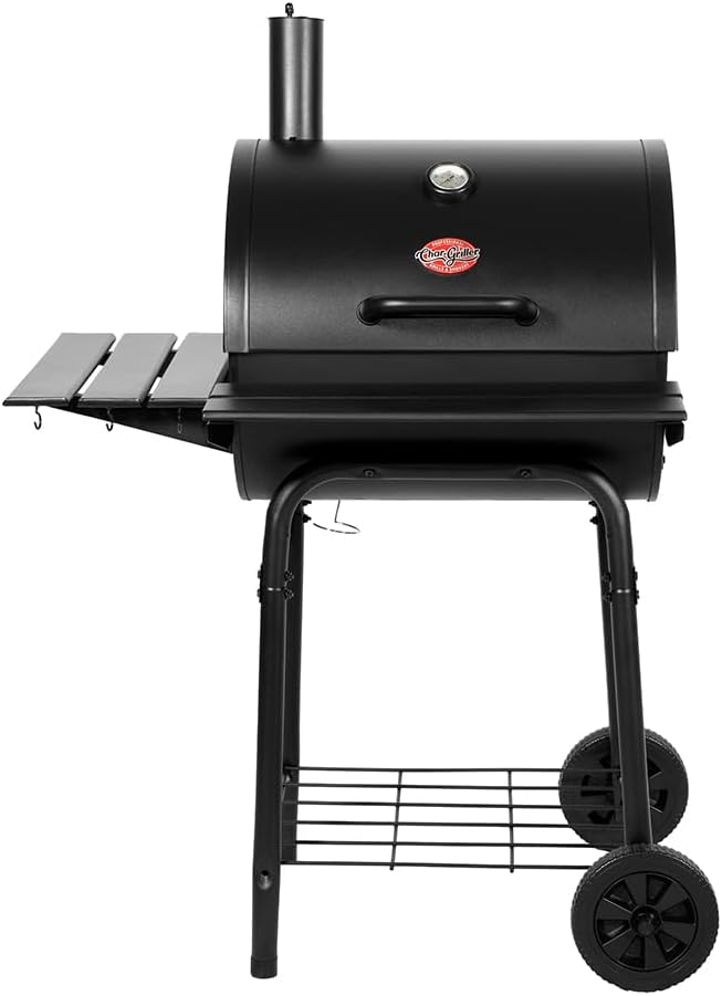 Char-Griller® Wrangler® Charcoal Grill in Black with Metal Shelves, EasyDump™ Ash Pan, Premium Wood Front and Side Shelves with Utensil Hooks, 640 Cooking Square Inches in Black, Model 2823