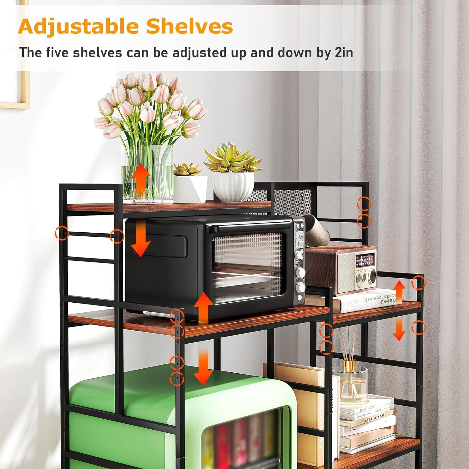 tonchean Mini Fridge Stand with Storage 6-Tier Kitchen Bakers Rack with Wheels Multi-Functional Microwave Oven Stand Table with Height Adjustable Shelves for Kitchen, Living Room, Office