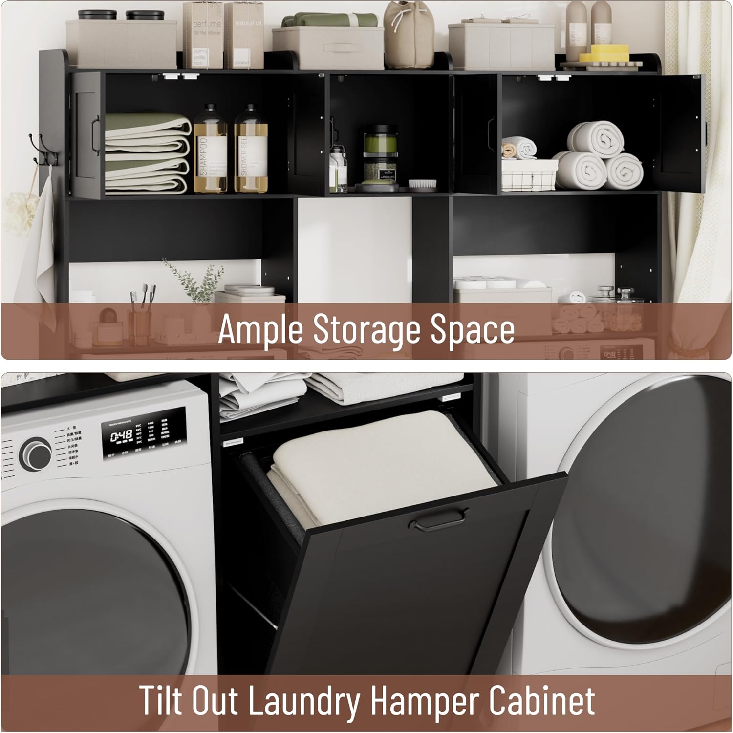 Over The Washer and Dryer Storage Cabinet, Laundry Room Organizer Standing Shelf with Tilt-Out Laundry Hamper Cabinet and Hooks, Space Saving Laundry Room Cabinets