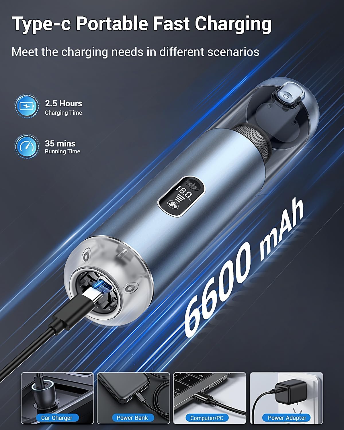 Handheld Vacuum Cordless, Powerful 18Kpa Car Vacuum with Brushless Motor, Portable Hand Held Vacuum with 3 Speed Modes, 5- in-1 Mini Vacuum Cleaner with White LED & Red Flash for home/Car/Office