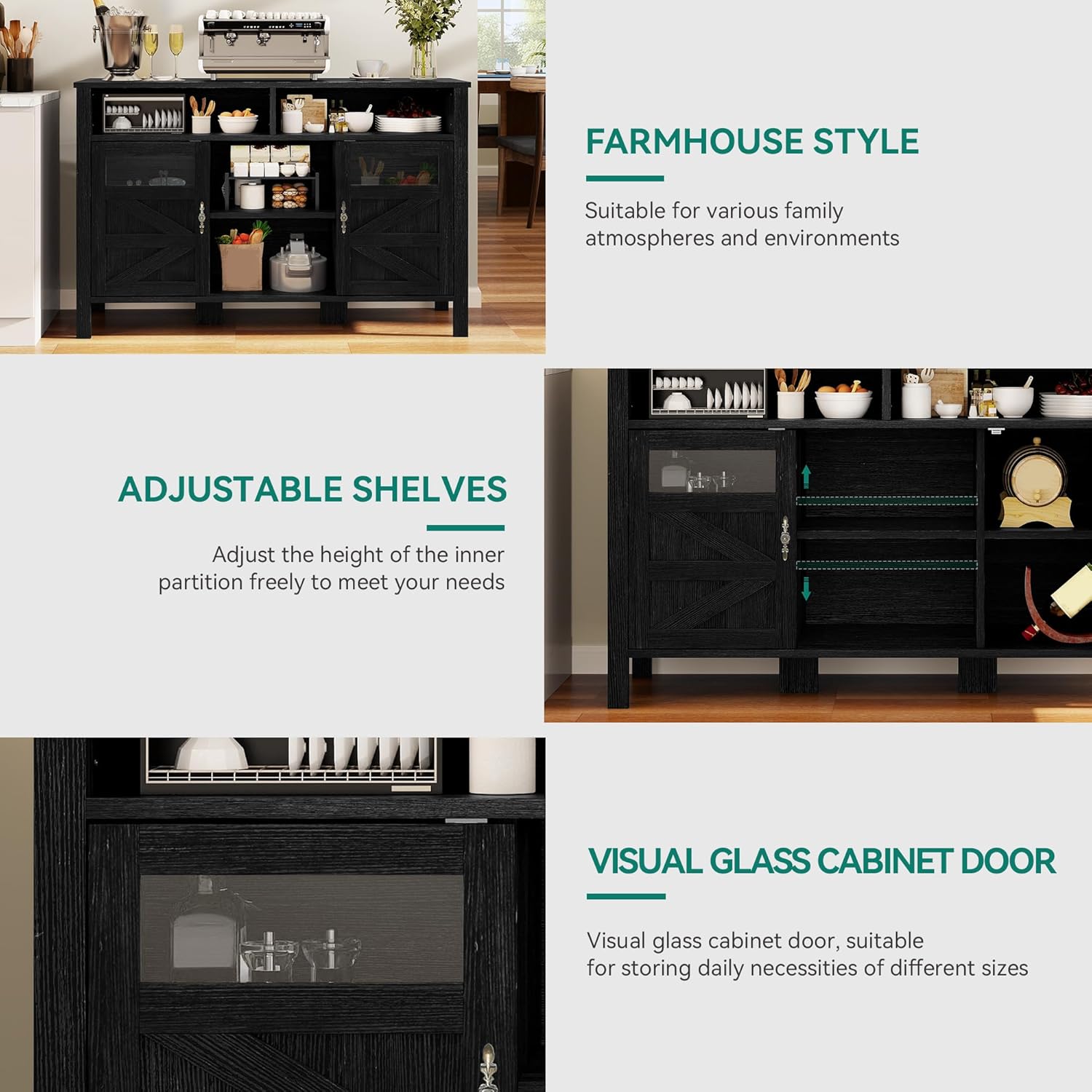 YITAHOME 55'' Farmhouse Buffet Cabinet with Storage, Large Sideboard Cabinet with 2 Doors & Open Storage, Versatile Coffee Bar Table for Kitchen & Living Room (Black)