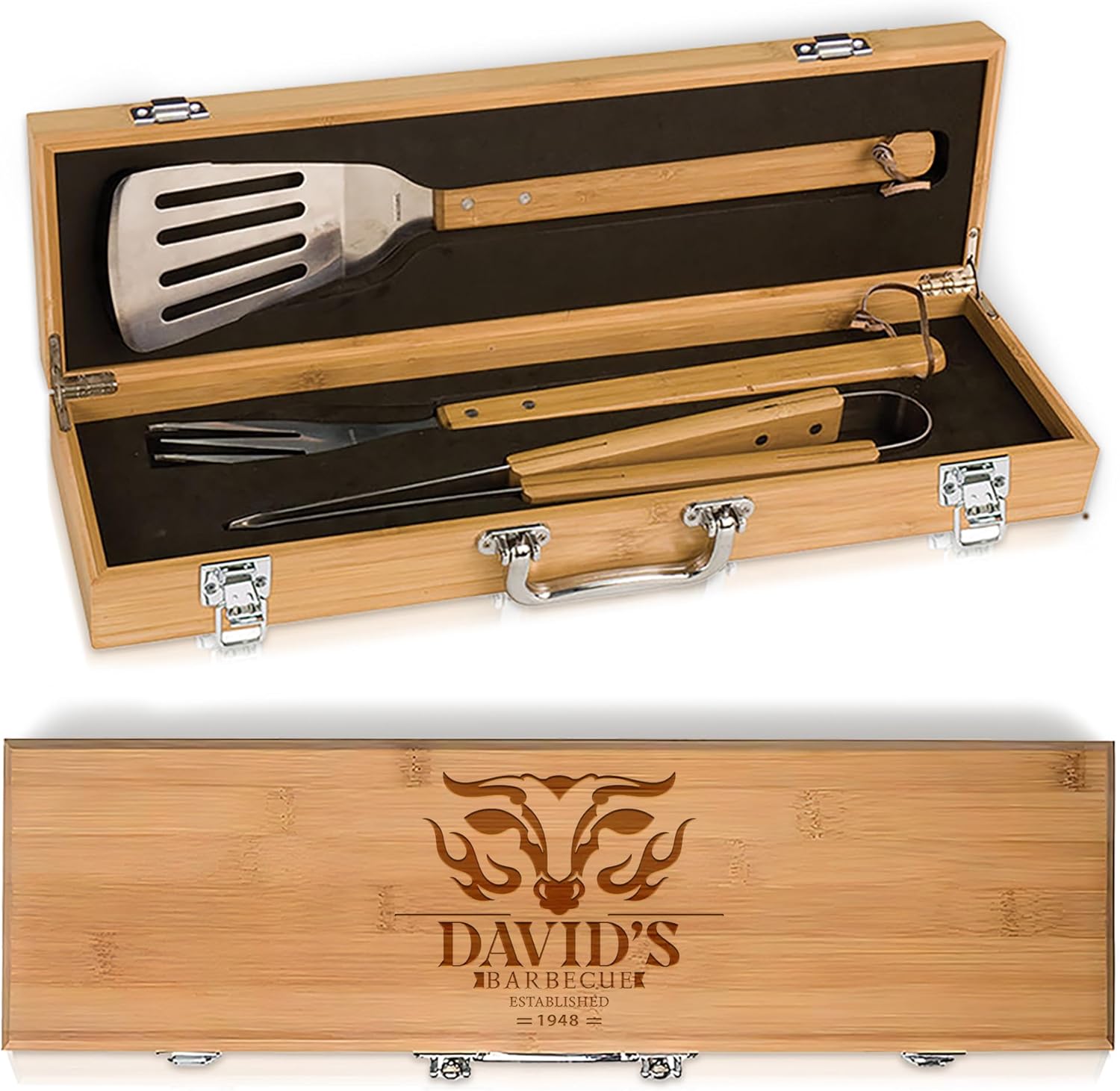 The Flame - Personalized BBQ Tool Set - 3 Utensils + Bamboo Box - BBQ Grilling Accessories - Grill Gifts for Him, Men, Dad, Husband - Smoker Accessories - Grill Utensils Set - Unique Men Birthday Gift