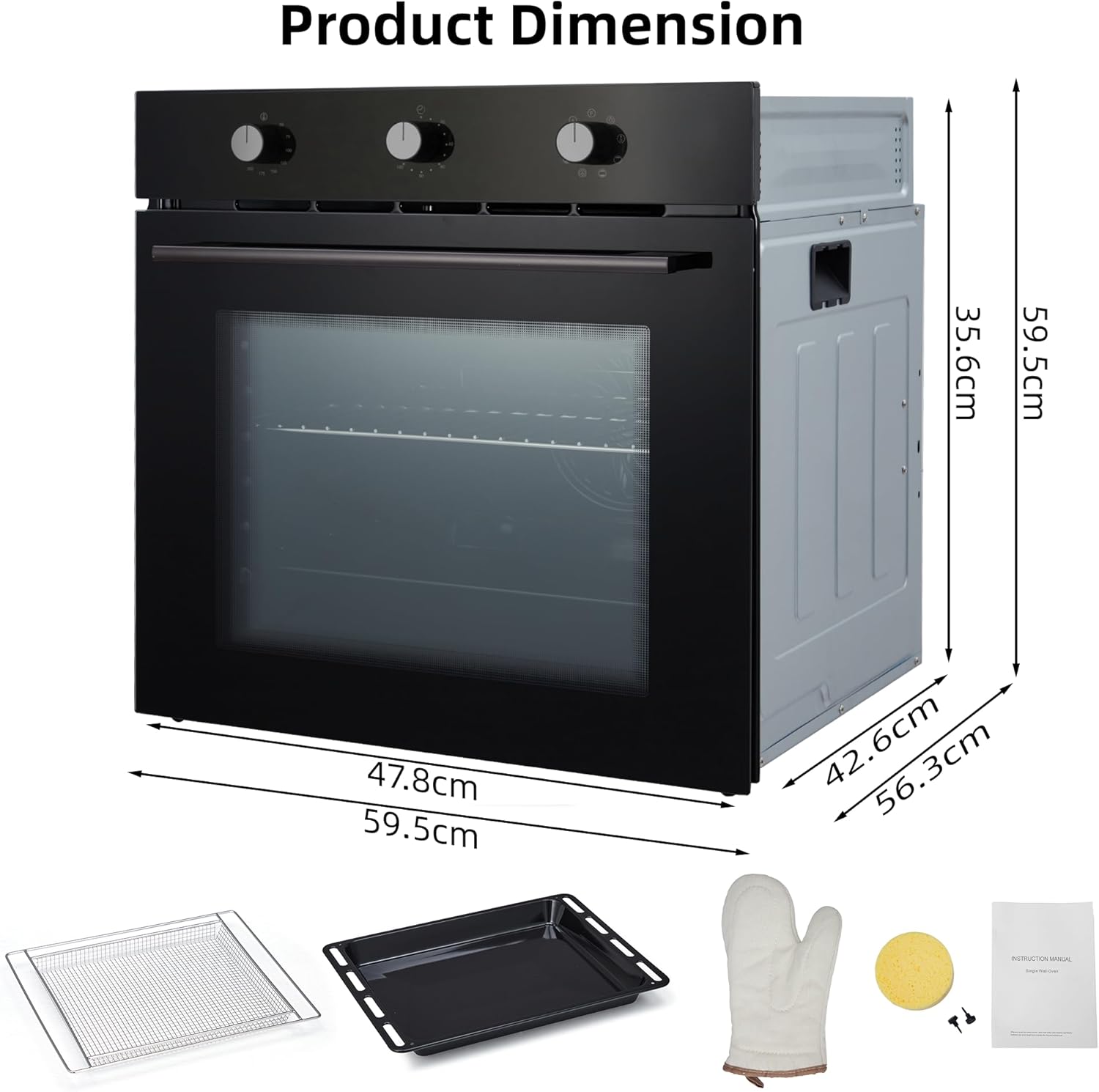 Zstar 24 Inch Single Wall Oven, 240V 3000W Built-in Electric Wall Oven with Mechanical Knobs Control, 2.5 Cu.ft Capacity, Large View Winow, Black