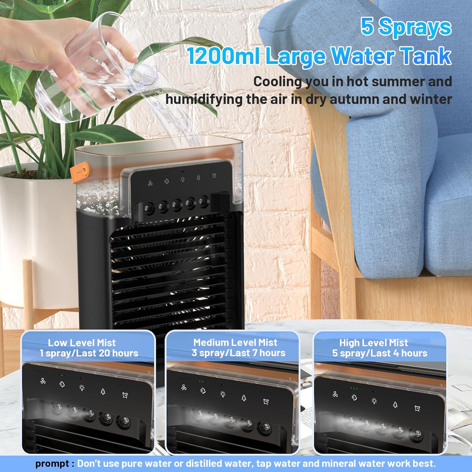 Portable Air Conditioners Fan, NTMY Personal Air Cooler with Remote Control, Ultra-Quiet Mini Air Cooling Fan with Natural Wind Function, 5 Cool Mist & 4 Speeds & Timer for Bedroom Office Desk