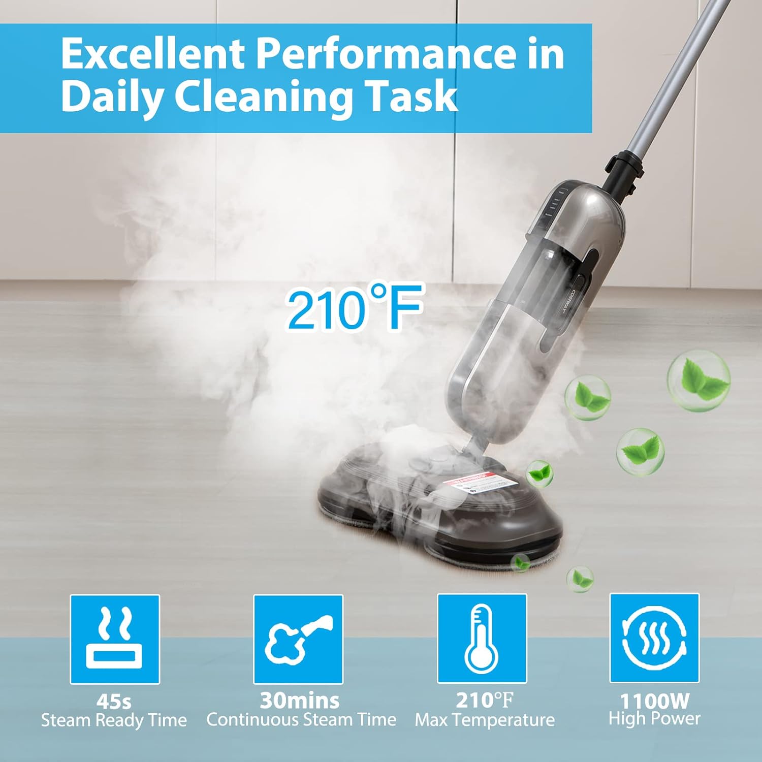 COSTWAY Multipurpose Steam Cleaner, 180° Dual Rotating Handheld Steam Mop with 230°F Hot Steam, 3 Steam Levels, 410Ml Water Tank, Led Headlights, 2 Washable Pads, for Hardwood Floor Laminate, 1100W