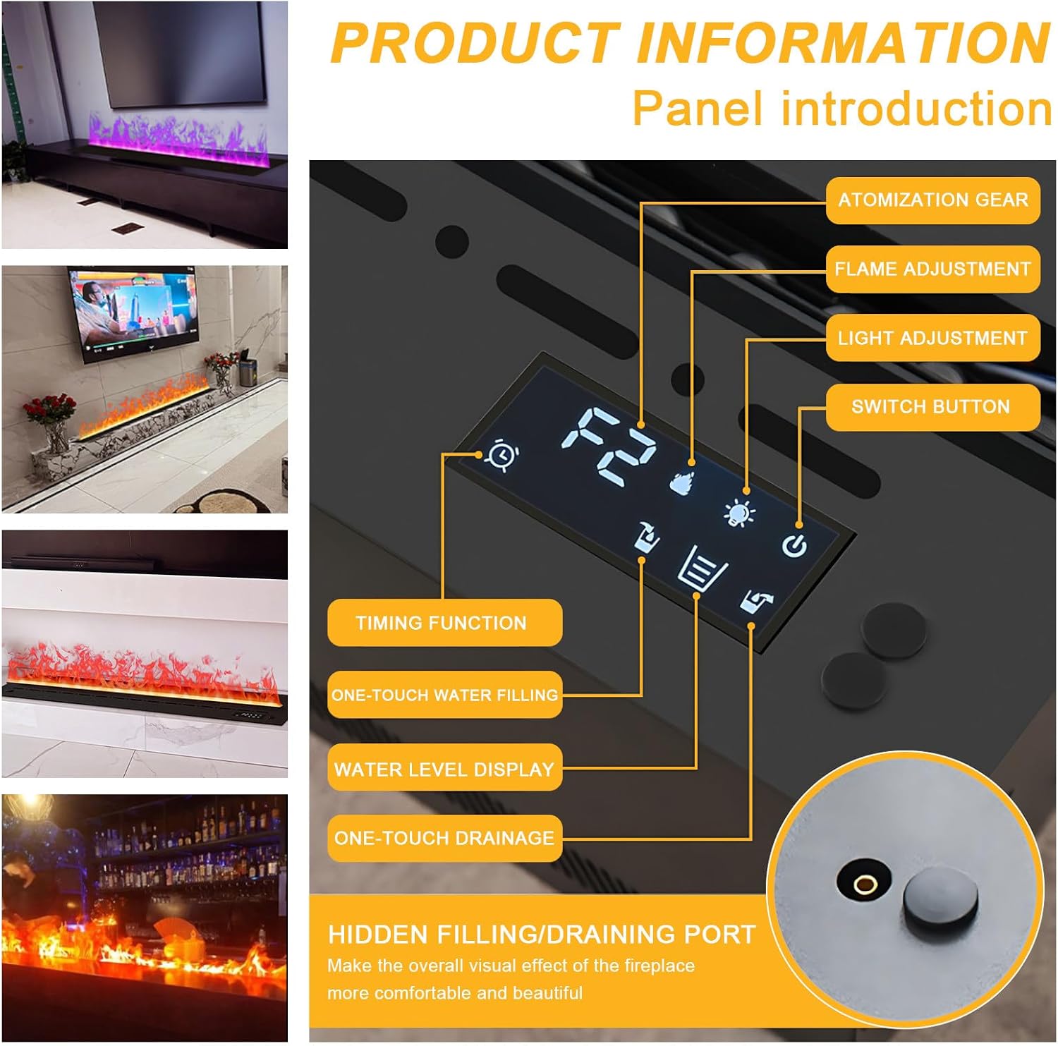 Chimenea eléctrica de Vapor empotrada, 9 Colores, 3D Llama atomizada realista, llenado/drenaje automático, Panel Selfcolour 500mm,Multicolor-Panel1000mm(39.37in)