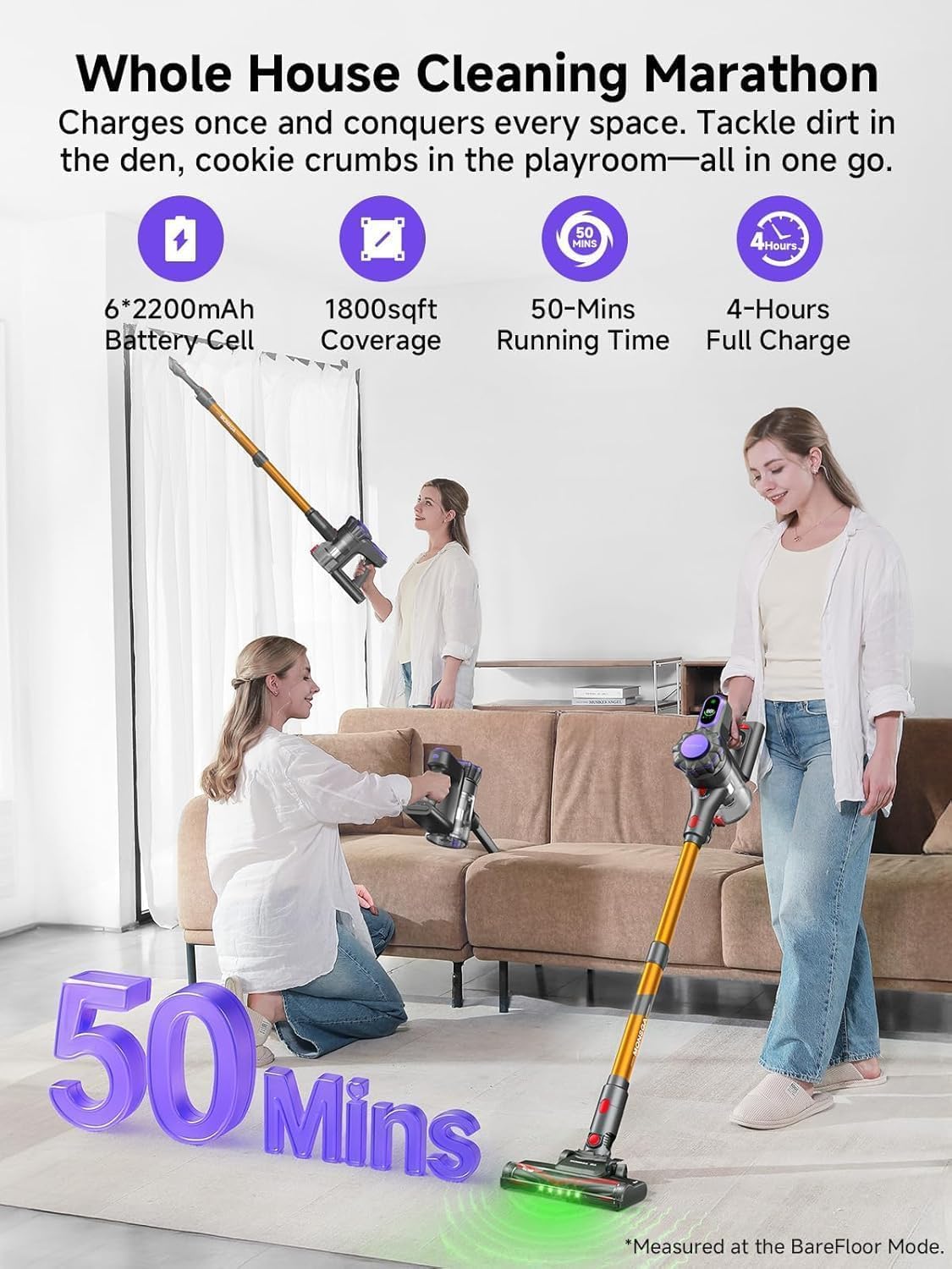 MONSGA Cordless Vacuum Cleaner, 45KPa 400W Stick Vacuum for Home, 50Mins Anti-Tangled Vacuum Cleaner with Charging Dock, Light-Weighted Handheld Vacuum for Pet Hair/Carpet/Floor, LED Touch Display