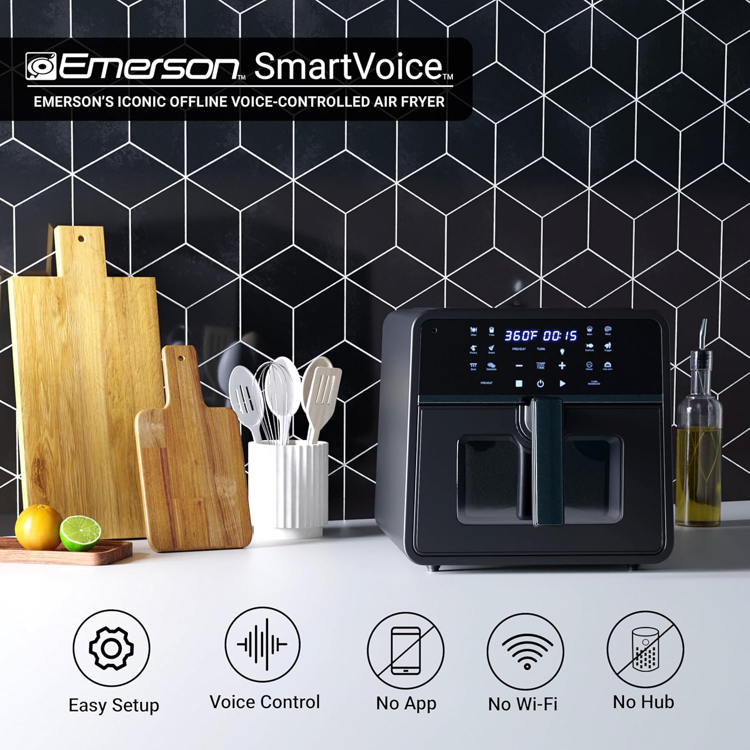 Emerson SmartVoice 10QT 6-in-1 Air Fryer, 1000+ Voice Control Commands, 100+ Recognized Food, No APP, No WIFI, No Setup, Nonstick Basket, Air Fry, Bake, Reheat, Dehydrate, 1700W