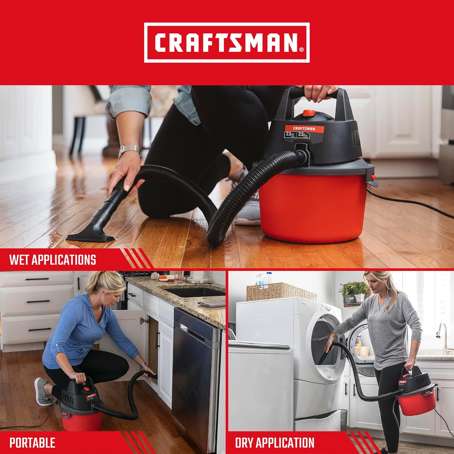 CRAFTSMAN CMXEVBE17250 2.5 Gallon 2.5 Peak HP Wet Dry Vac, Portable Shop Vacuum Wet and Dry with 4 Filter Bags, Hose and Attachments for Cleaning in the Home