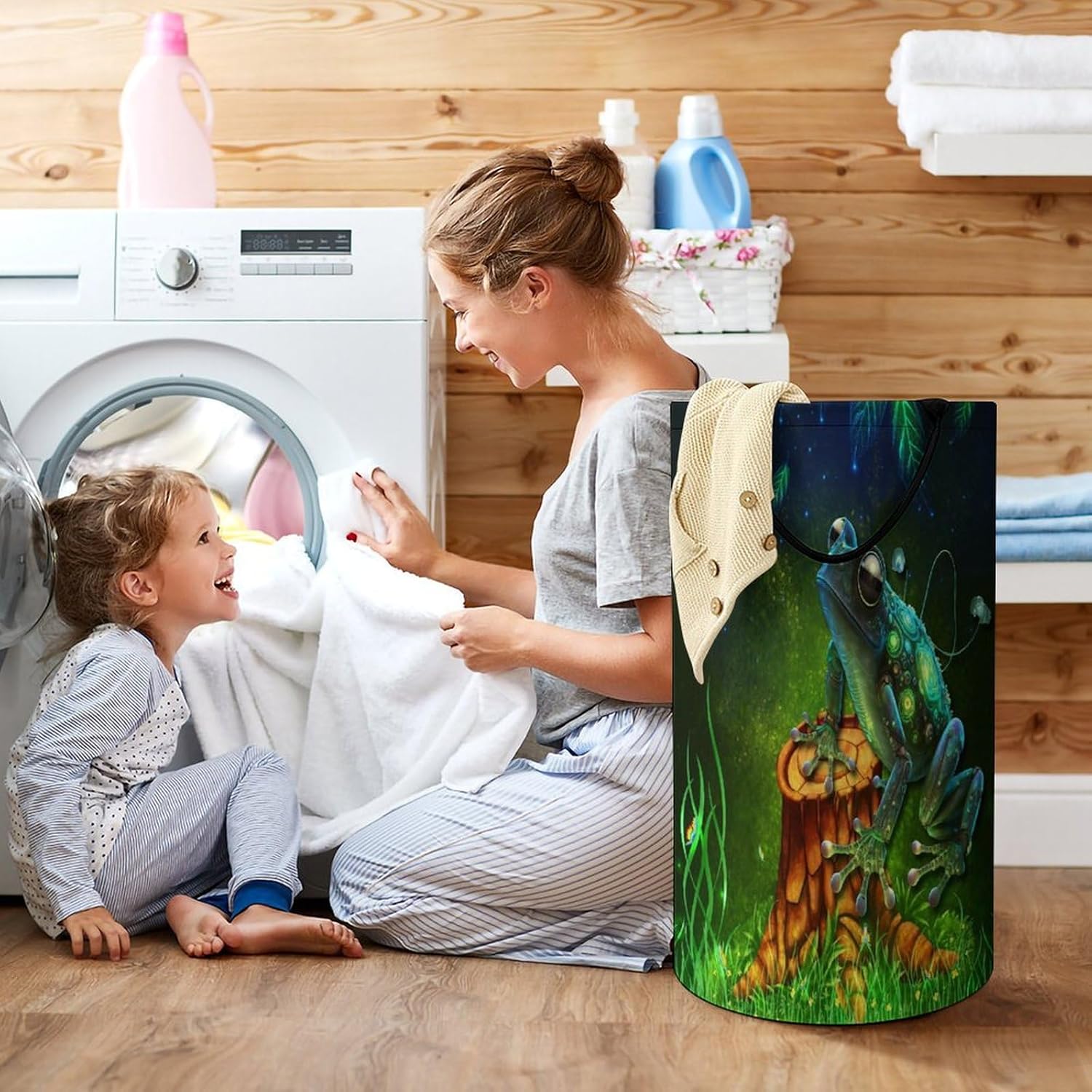 Cool Anime Animal Frog Laundry Hamper Dirty Clothes,Rustic Tropical Forest Eucalyptus Leaves Butterfly Frog Large Laundry Basket Storage Basket For Bathroom 15.7W
