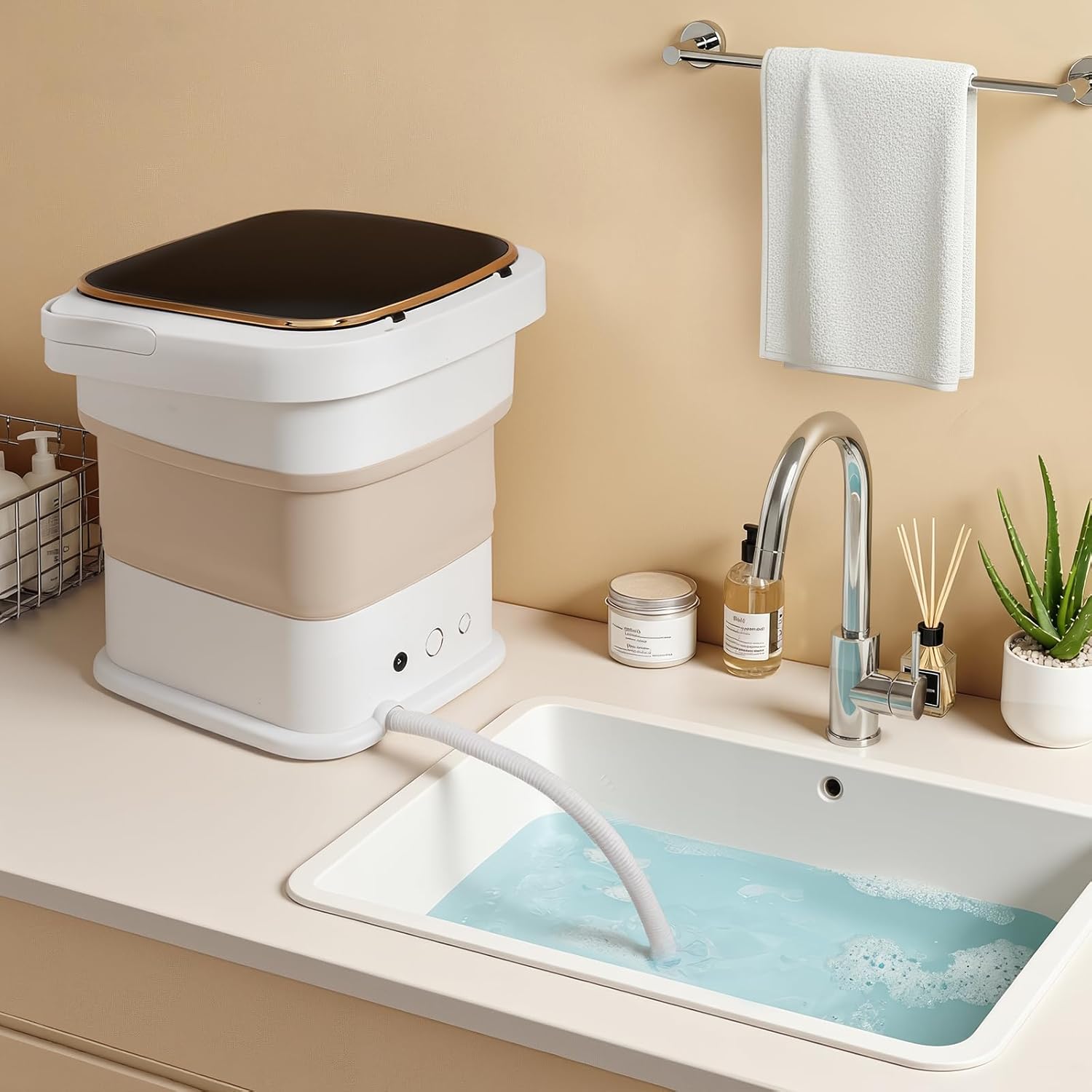 16L Portable Washing Machine, Mini Foldable Washer with Spin Dry Basket, Two Timed Laundry Modes for Small Loads, Compact Size Ideal for Apartments, Dorm Rooms, RVs, Travel (Light Gray)