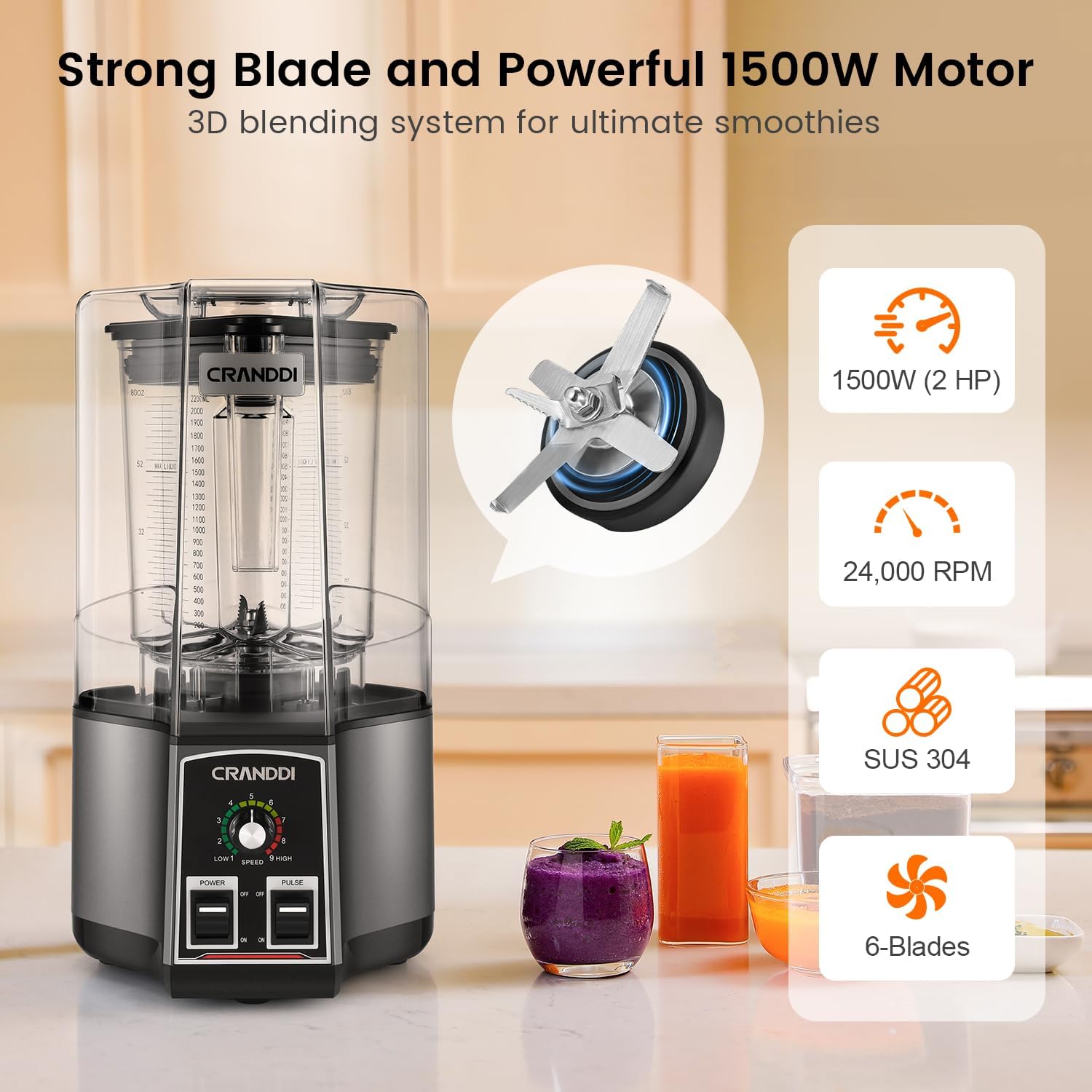 CRANDDI Commercial Blender for Crushing Ice, Chopping, Grinding, Blending, 1500W 80oz Blender with Tamper and Removable Soundproof Cover, K85 (Grey)