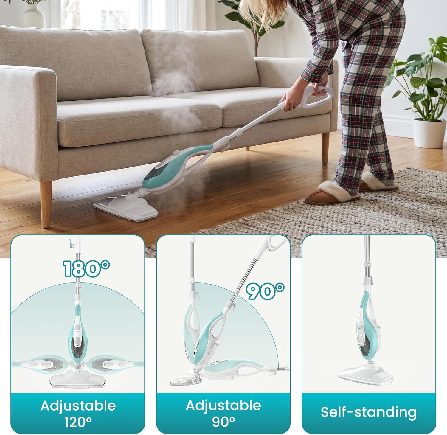 OLIXIS 10-in-1 Steam Mop, 1550W Detachable Handheld Steam Cleaner for Floor Cleaning, 16.4FT Cord, 2 Washable Pads, Multi-Purpose Floor Steamer for Hardwood, Carpet, Tile, Grout, Windows, White Green