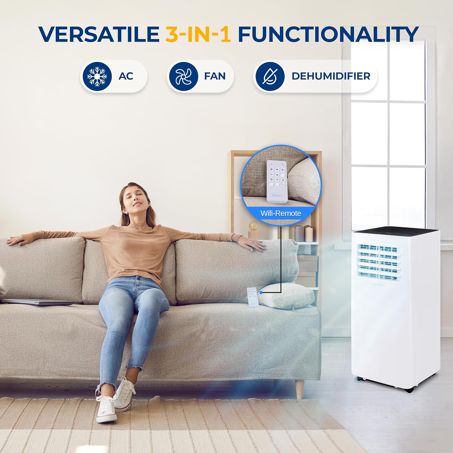 SereneLife Small Air Conditioner Portable 8,000 BTU with Built-in Dehumidifier - Portable AC unit for rooms up to 350 sq ft - WiFi app + Remote Control, Window Mount Exhaust Kit