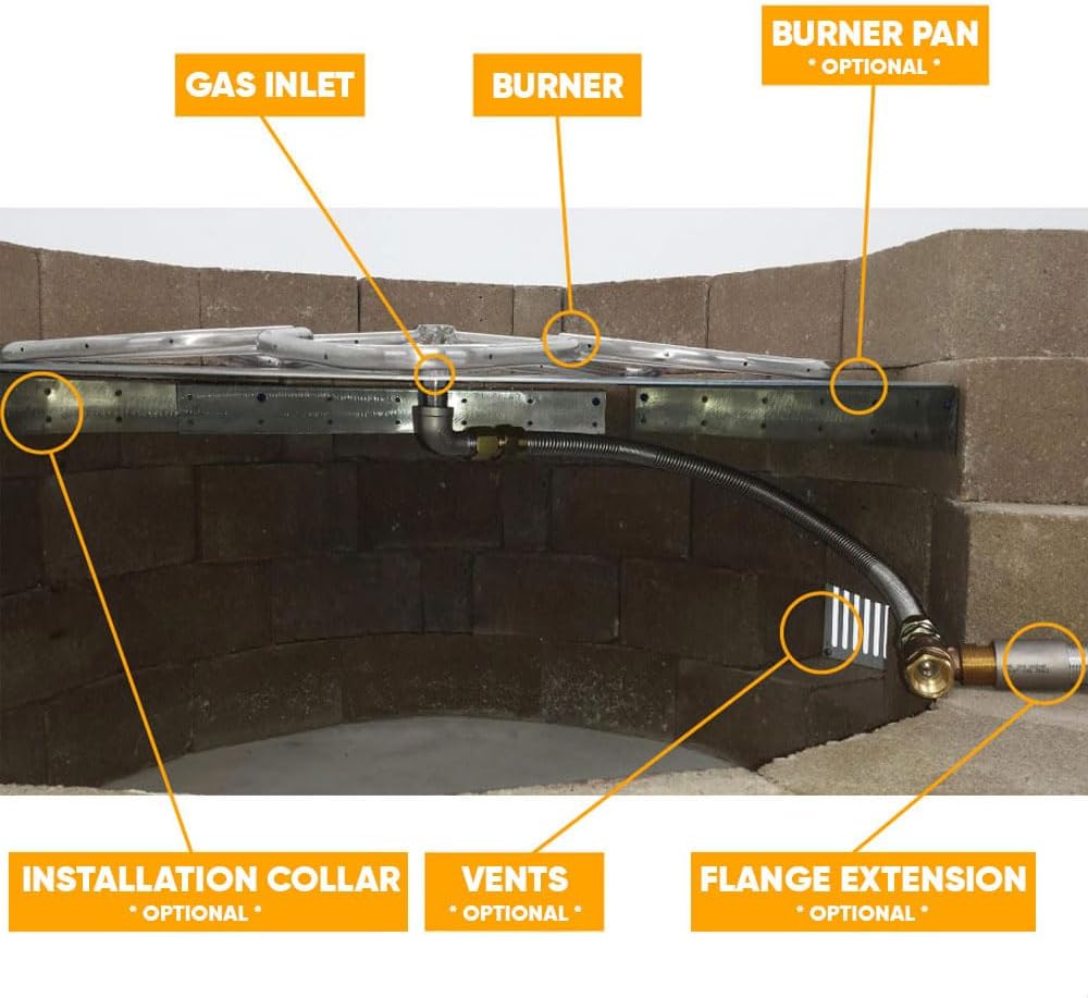 HPC Square Match Lit Fire Pit Burner Kit with 48x48-Inch Stainless Steel Burner and 54x54-Inch Flat Pan, Natural Gas, Polished Chrome, with Flange, Key, Valve, Flex Line and Fittings
