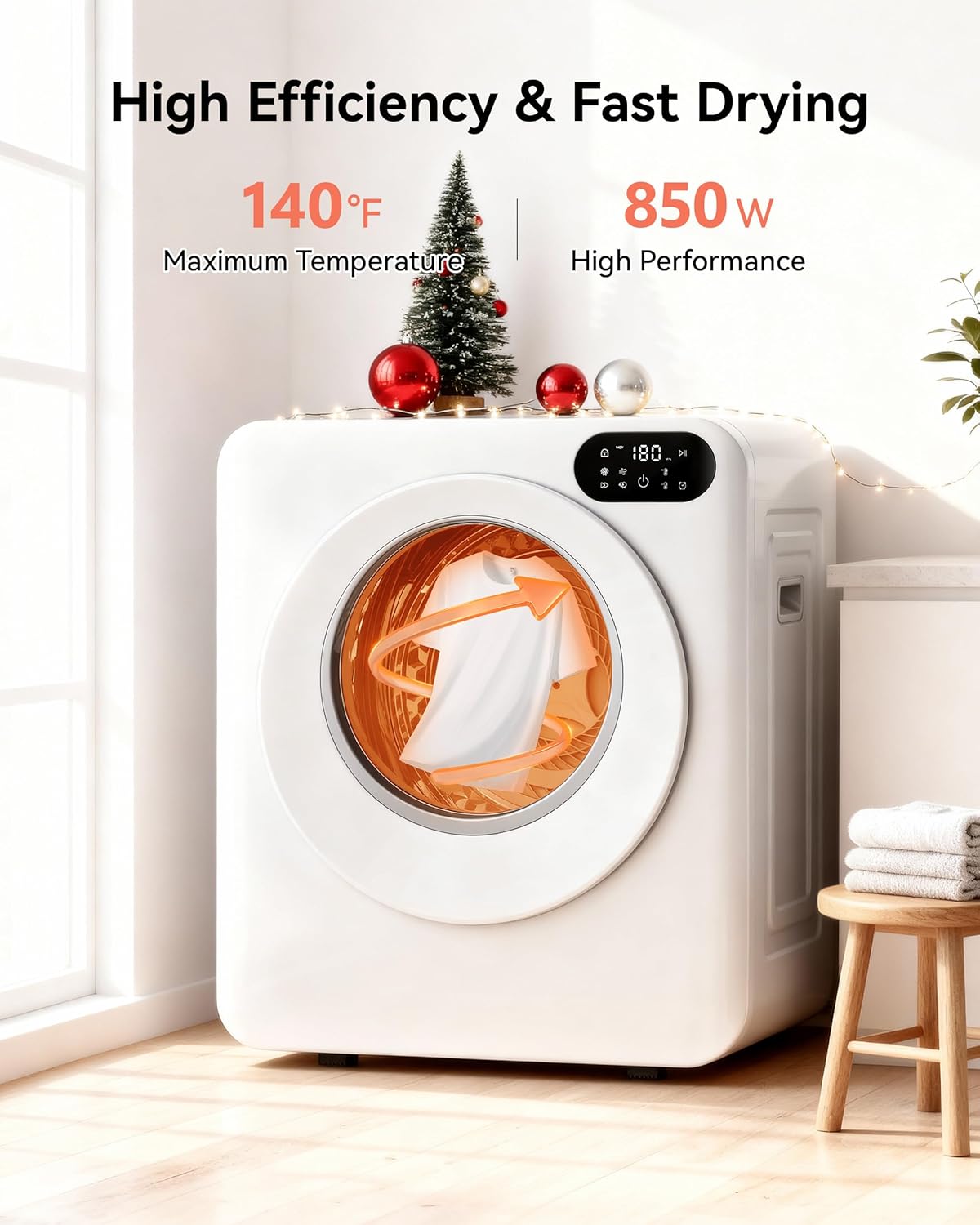 Euhomy 1.5 Cu.Ft Portable Clothes Dryer, 850W Clothes Dryer with Stainless Steel Drum, 4 Functions, LED Control, Drying Machine for Apartments, Laundry, Dorm, Small Space, White