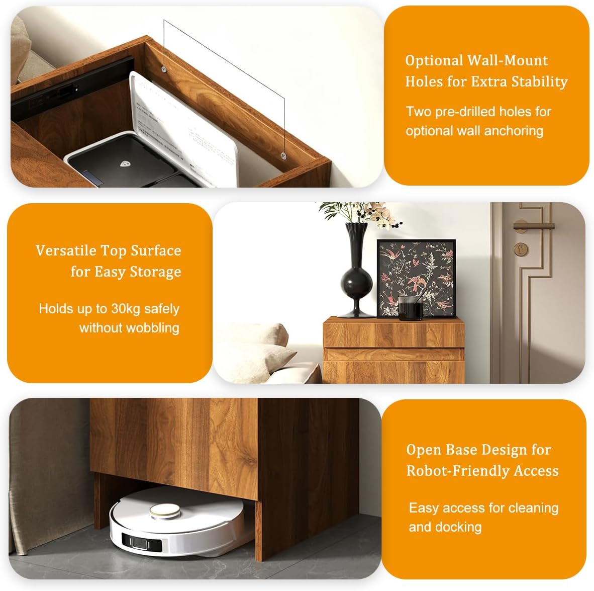 Robot Vacuum Stand Hidden Cabinet, Storage Cabinet with Doors for Robot Vacuum Cleaner,Household End Side Table,Wood Freestanding Rack Space Saver for Home Office (Brown)