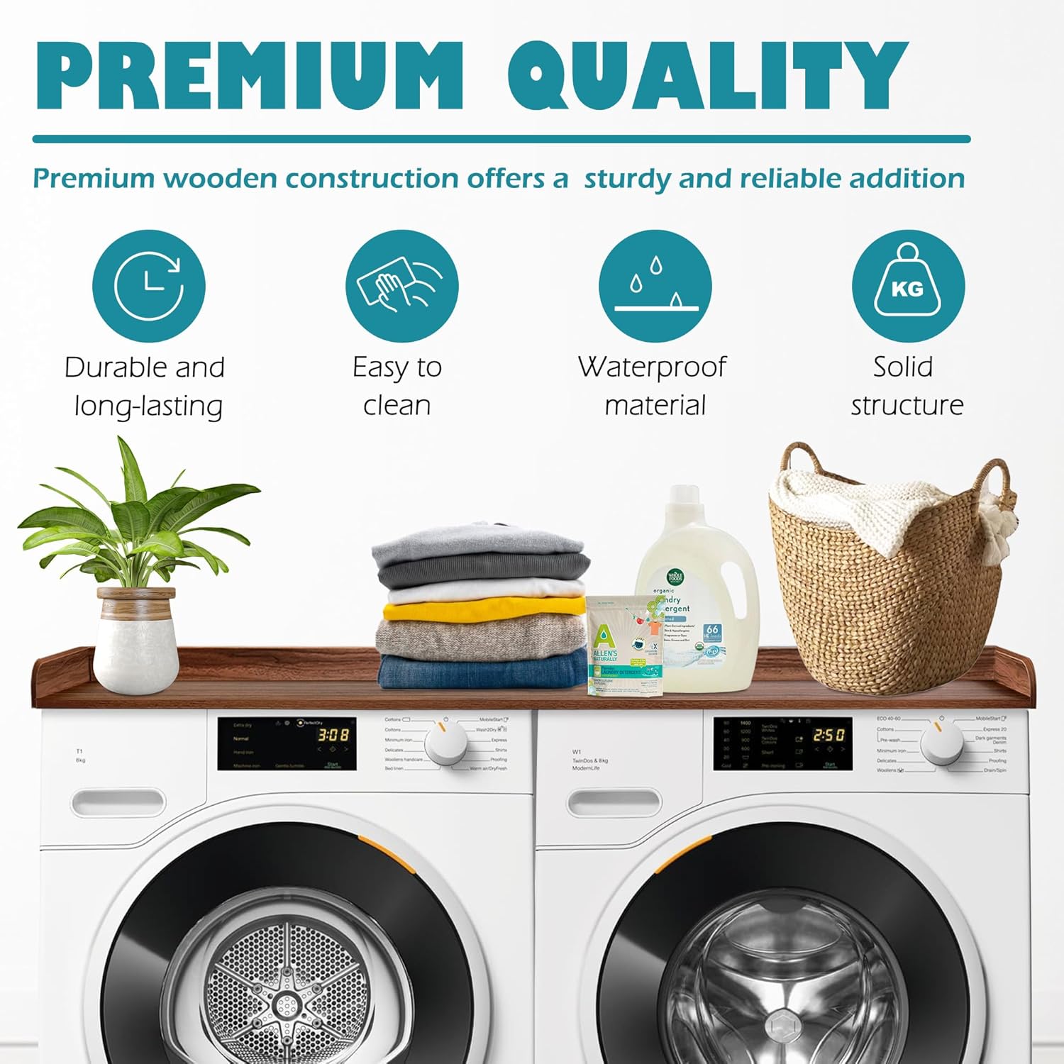 Royxen Laundry Countertop Solid Wood, Countertop for All Front-Loaded Washing Machine and Dryer, Extra Room for Laundry Room, Walnut Color