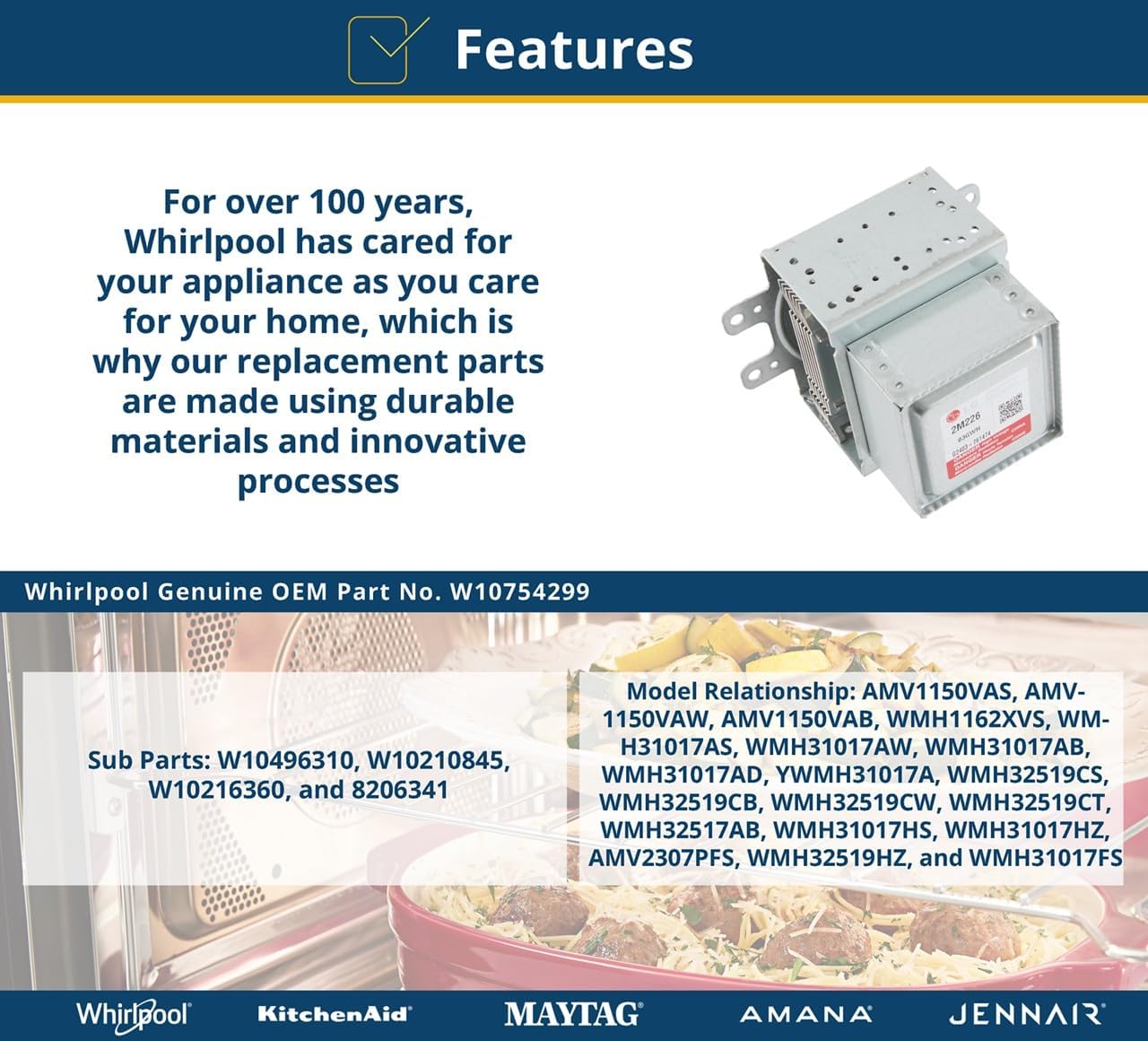 Whirlpool W10754299 Genuine OEM Microwave Magnetron Replacement Part - Replaces 8206341, W10210845, W10216360, and W10496310