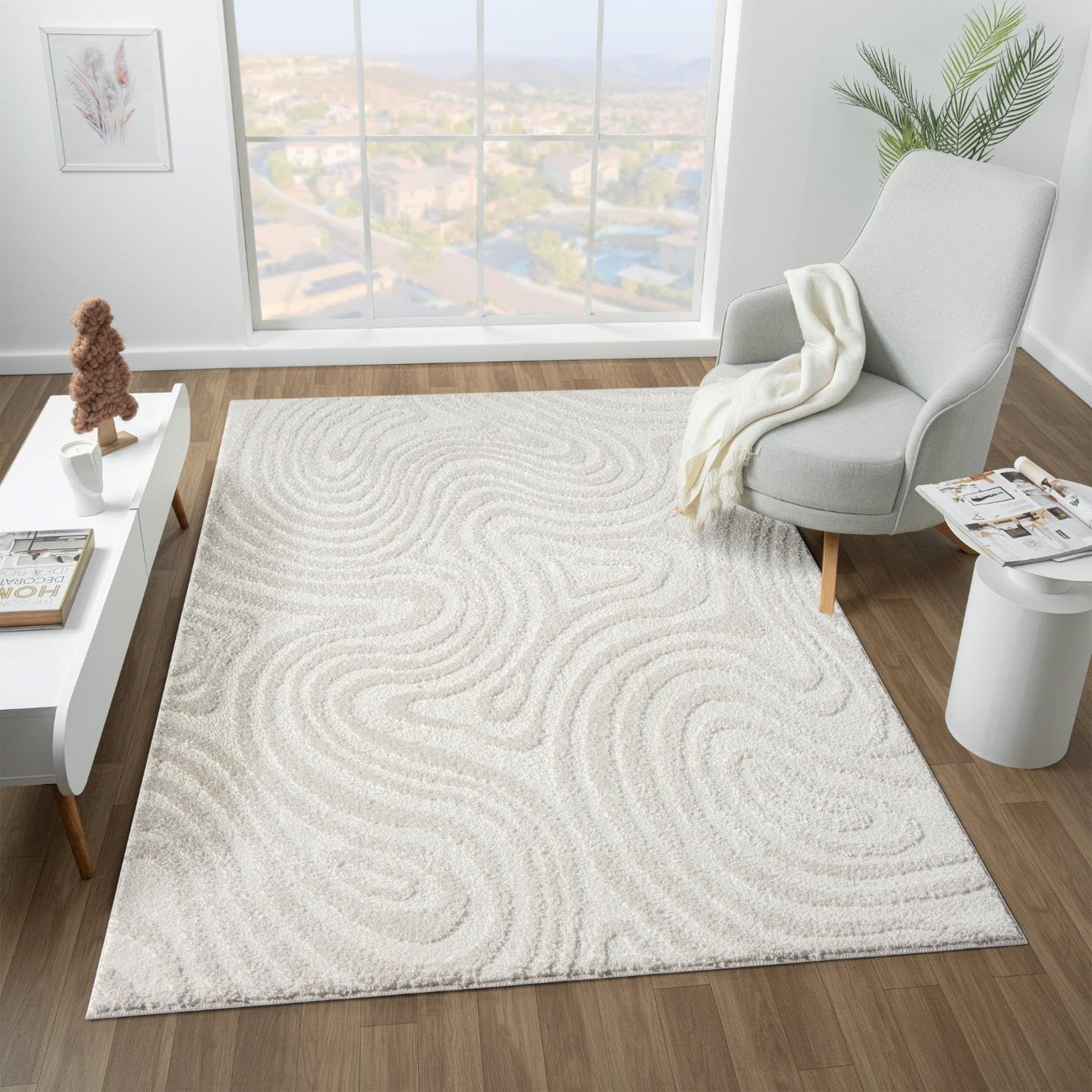 LUXE WEAVERS Geometric Swirl Cream 9x12 Area Rug High Low Modern Carpet