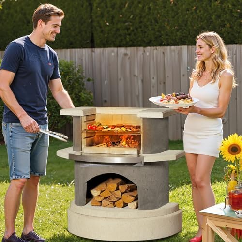 Concrete Outdoor Fireplace with Grill, Wood Burning Fireplace with Wood Storage and Chimney, Include Grill Rack & Charcoal Pan, 36.6