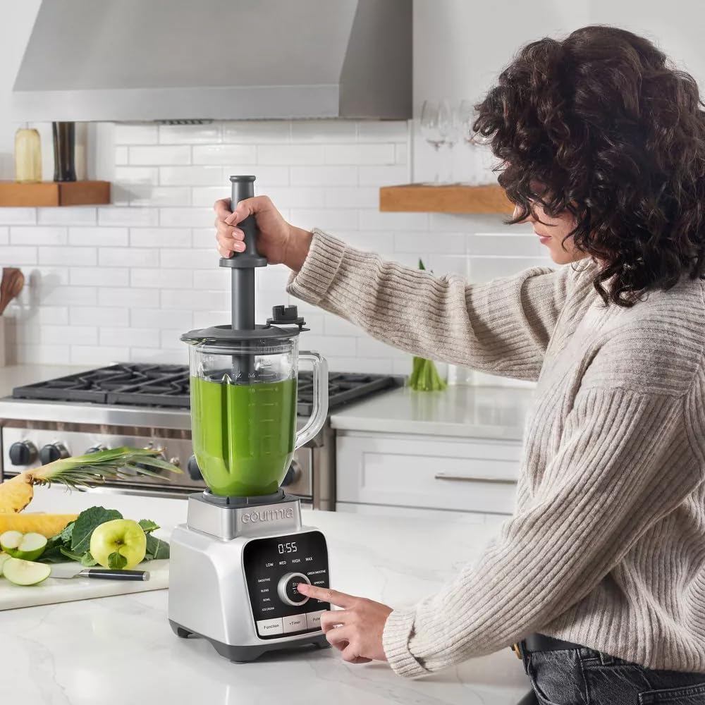 Gourmiia Digital Blender 38oz Glass Jar – 8 Auto Blend Programs, 4 Speeds, Pulse & Tamper – Ice Crusher, Smoothie Maker, BPA-Free, Easy-Clean, High-Speed Countertop Blender – Gray