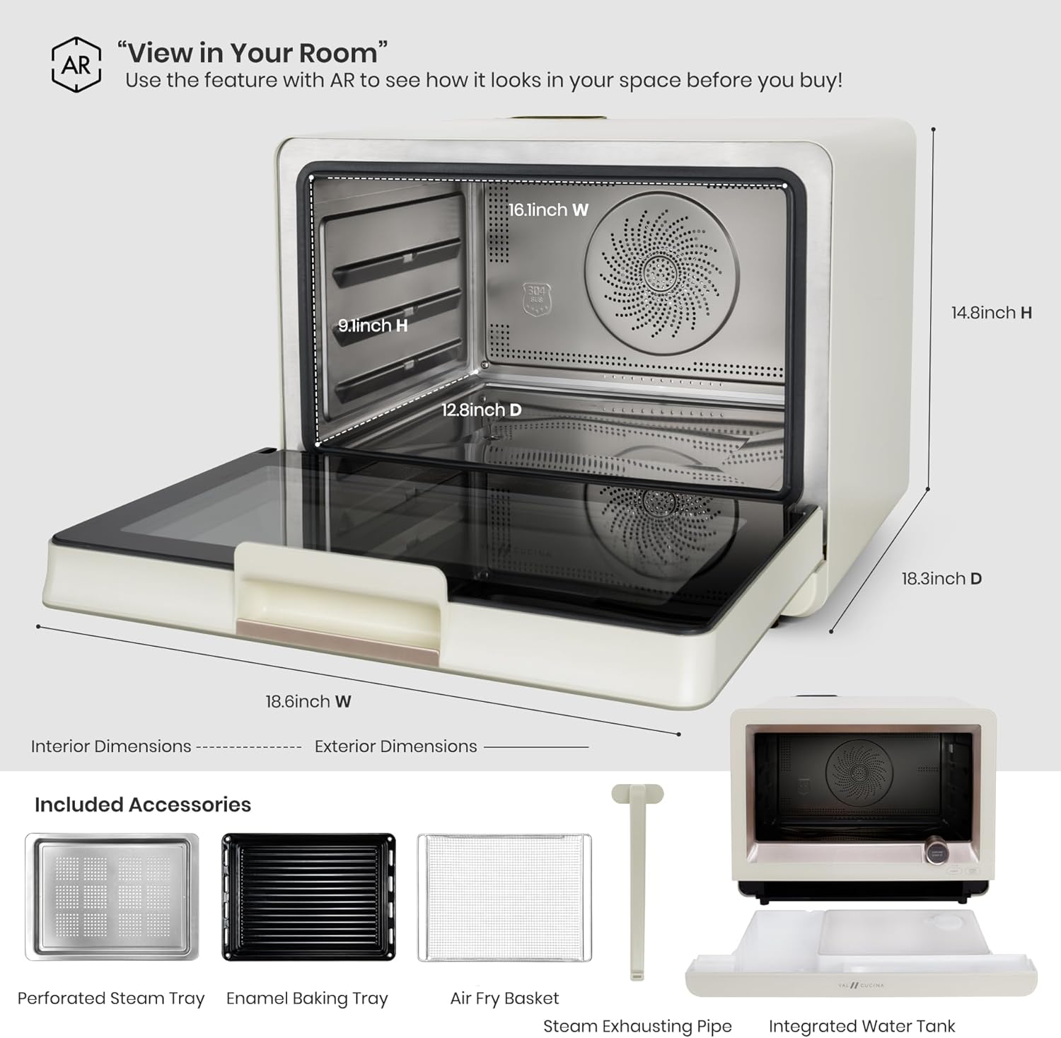 VAL CUCINA 7-in-1 Steam Convection Oven Countertop with Air Fry, Bake, Sous Vide, Ferment, Built-in Recipes | Anti-Scalding, Self Clean, Food-grade Stainless Steel Cavity & Accessories | 1500W