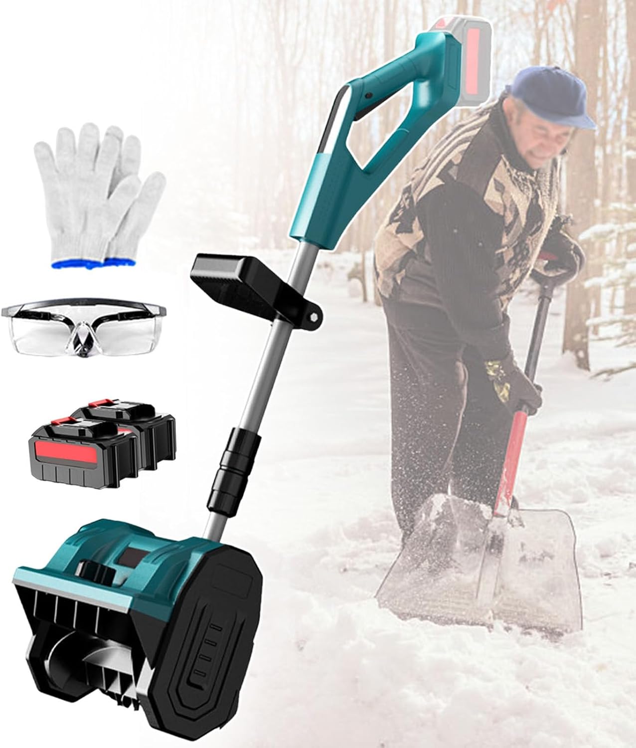 2025 Upgraded Rechargeable Snow Shovel - Aluminium Alloy Telescopic Pole, Winter Road Snow Removal Tool Electric Snow Thrower, 2200 RPM, 30 cm Clearing Width 4500mAh-2batteries